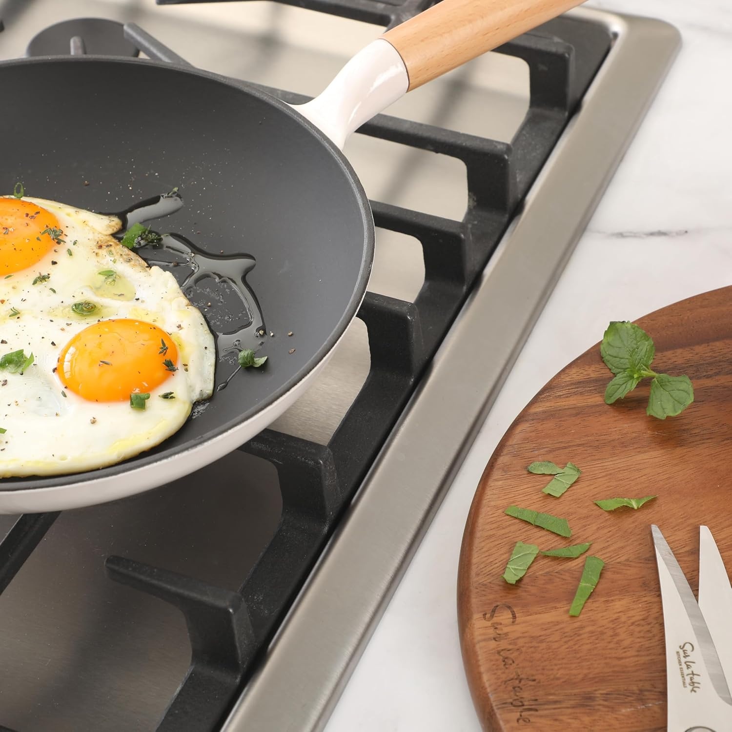image:imageSur La Table Kitchen Essential Main Canteen 95 PreSeasoned Cast Iron Skillet wWood Handle Natural Nonstick Lightweight Frying Pan for Searing Sauting amp Everyday Cooking BlueEggshell White Skillet