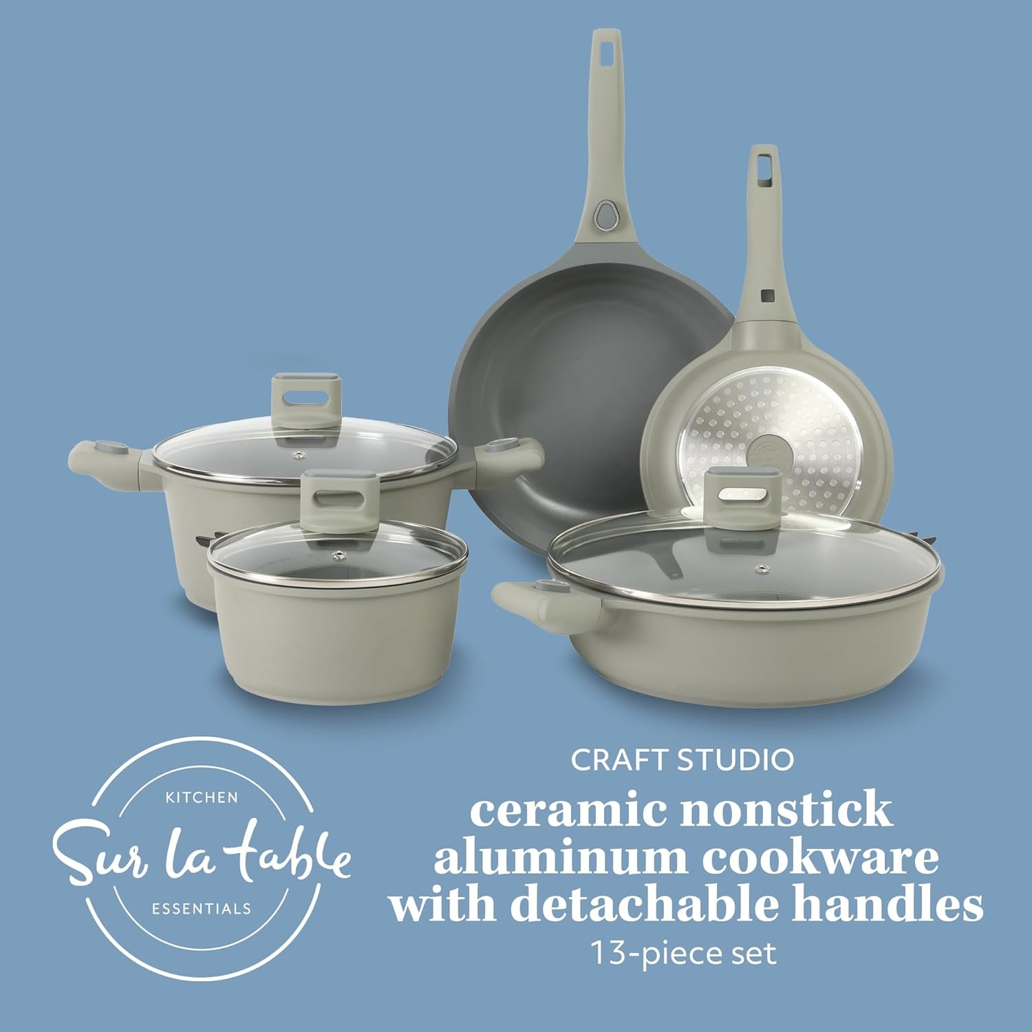 image:imageSur La Table Kitchen Essentials 13 Piece Detachable Handle Pots and Pans Premium PFA Free Premium Ceramic Non Stick Induction Safe and Secure Removable Handle Cookware Set Juniper GreenJuniper Green