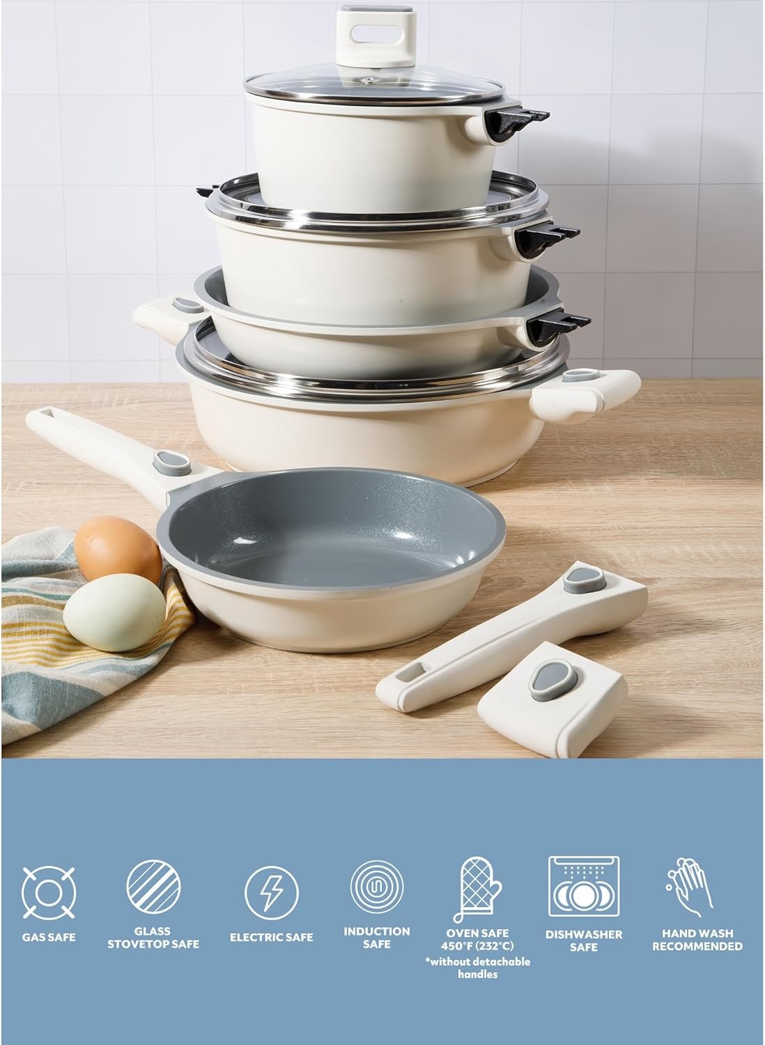 image:imageSur La Table Kitchen Essentials 13 Piece Detachable Handle Pots and Pans Premium PFA Free Premium Ceramic Non Stick Induction Safe and Secure Removable Handle Cookware Set Juniper GreenEggshell White