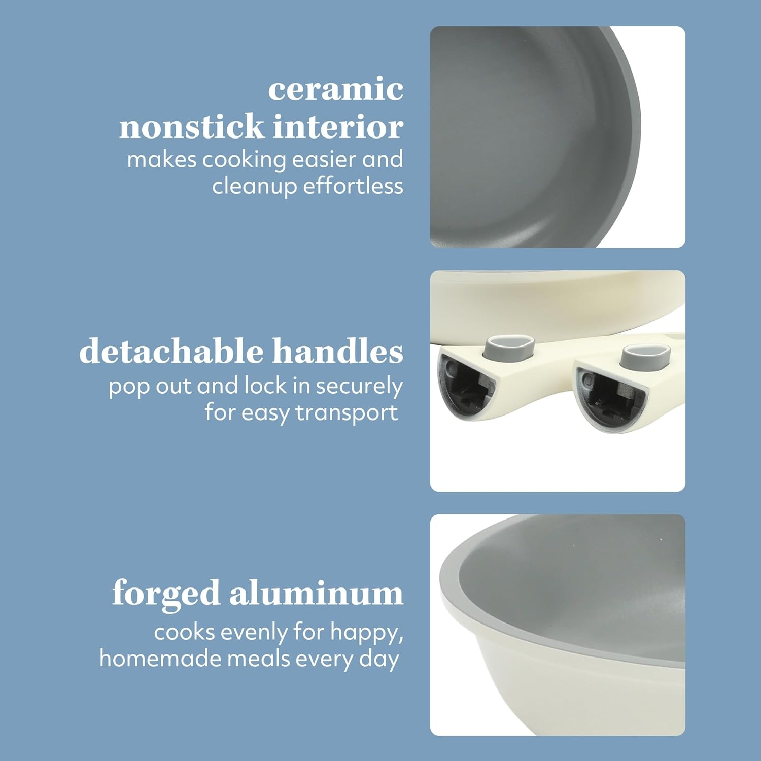 image:imageSur La Table Kitchen Essentials 13 Piece Detachable Handle Pots and Pans Premium PFA Free Premium Ceramic Non Stick Induction Safe and Secure Removable Handle Cookware Set Juniper GreenEggshell White
