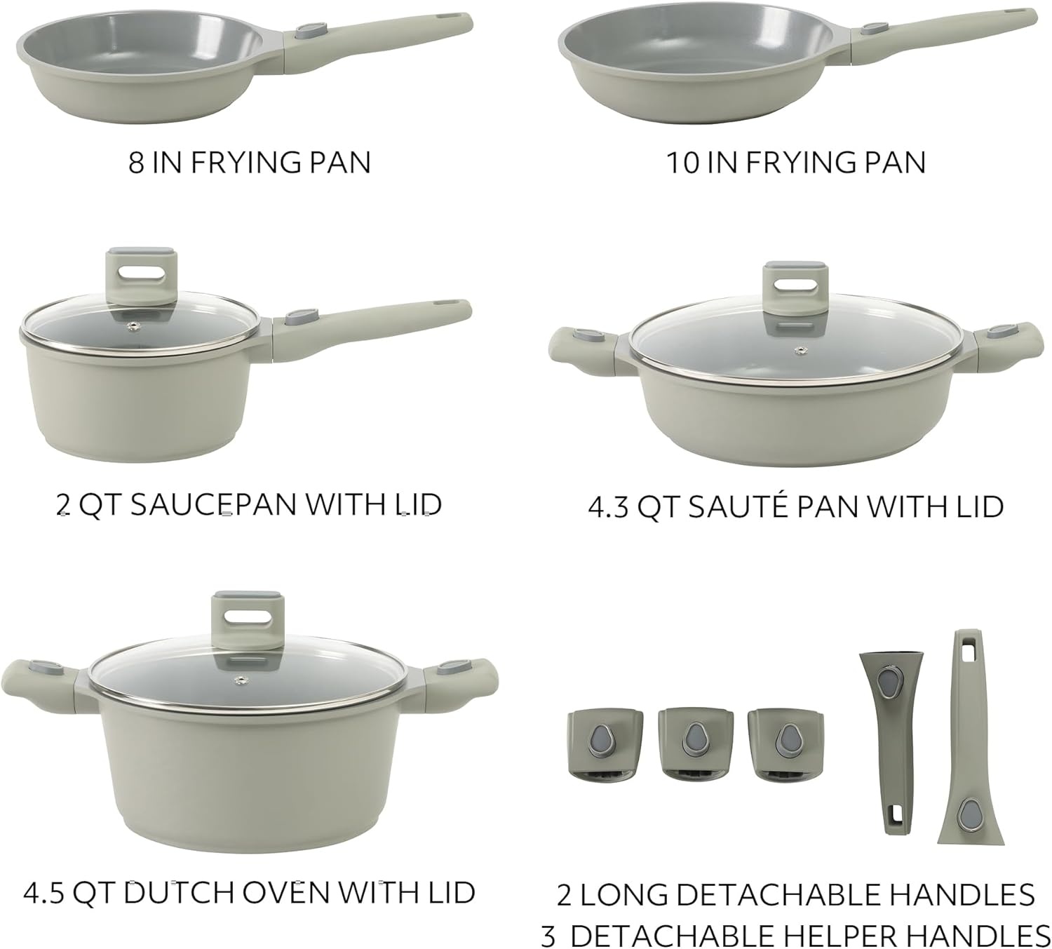 image:imageSur La Table Kitchen Essentials 13 Piece Detachable Handle Pots and Pans Premium PFA Free Premium Ceramic Non Stick Induction Safe and Secure Removable Handle Cookware Set Juniper GreenJuniper Green
