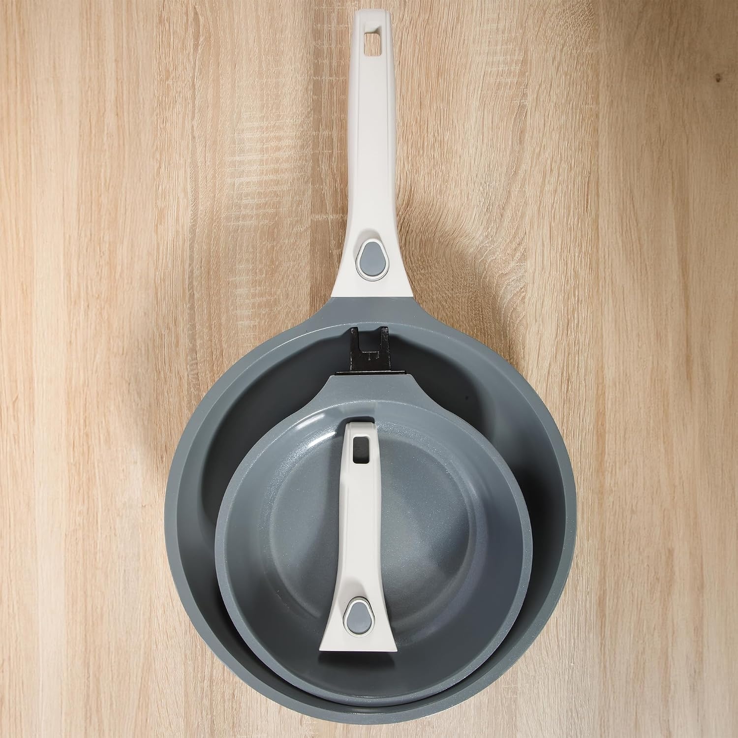 image:imageSur La Table Kitchen Essentials 13 Piece Detachable Handle Pots and Pans Premium PFA Free Premium Ceramic Non Stick Induction Safe and Secure Removable Handle Cookware Set Juniper GreenEggshell White