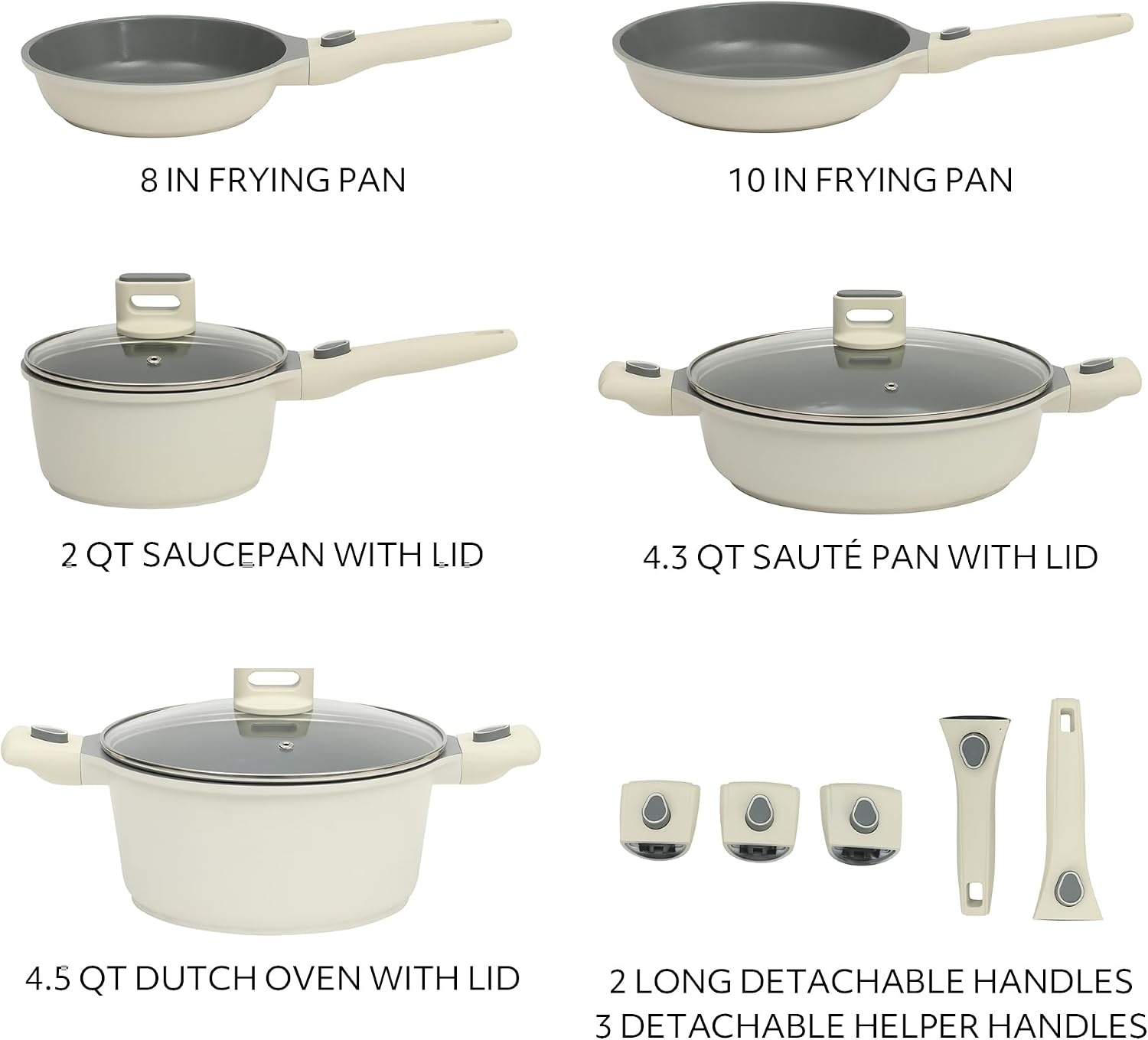 image:imageSur La Table Kitchen Essentials 13 Piece Detachable Handle Pots and Pans Premium PFA Free Premium Ceramic Non Stick Induction Safe and Secure Removable Handle Cookware Set Juniper GreenEggshell White