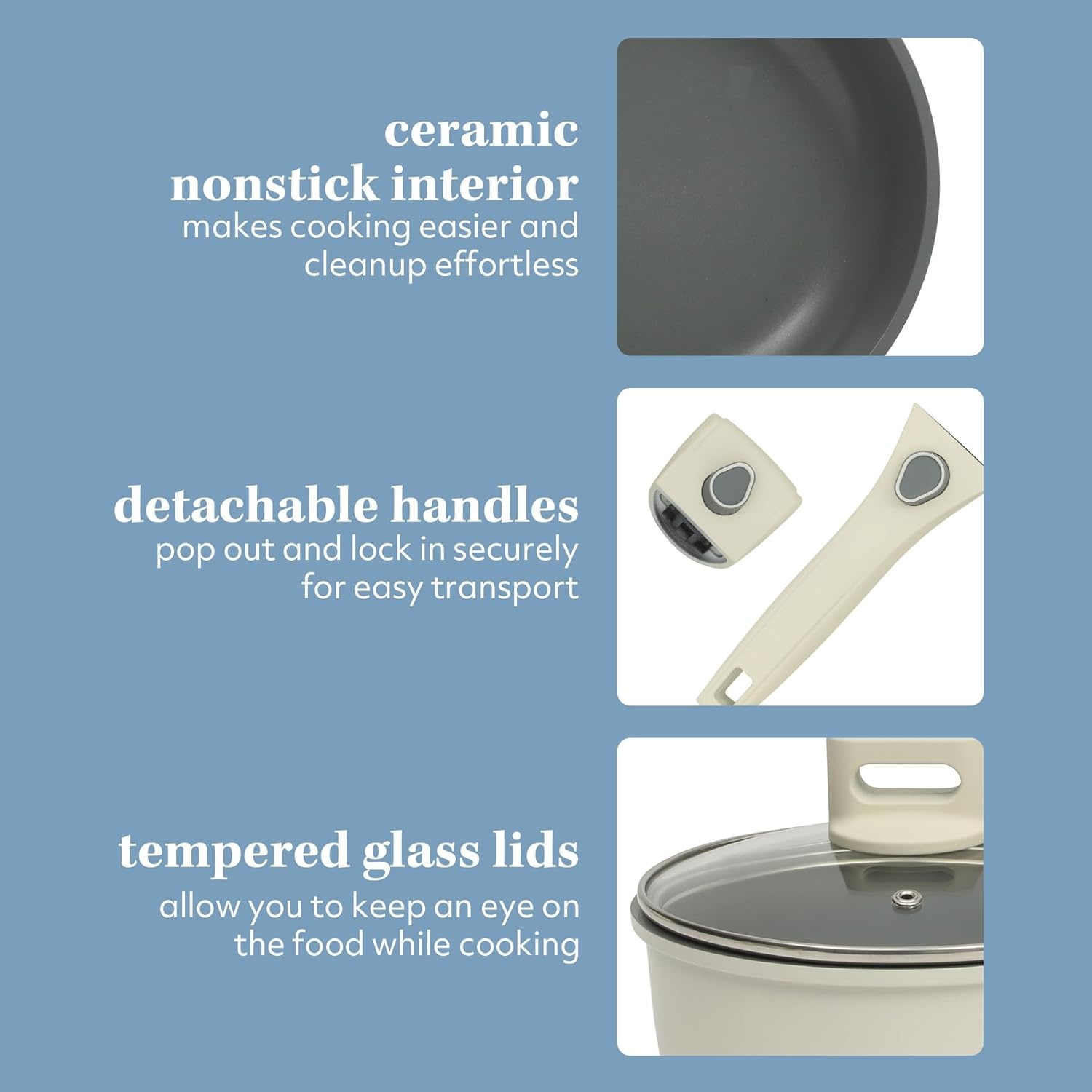 image:imageSur La Table Kitchen Essentials 13 Piece Detachable Handle Pots and Pans Premium PFA Free Premium Ceramic Non Stick Induction Safe and Secure Removable Handle Cookware Set Juniper GreenEggshell White