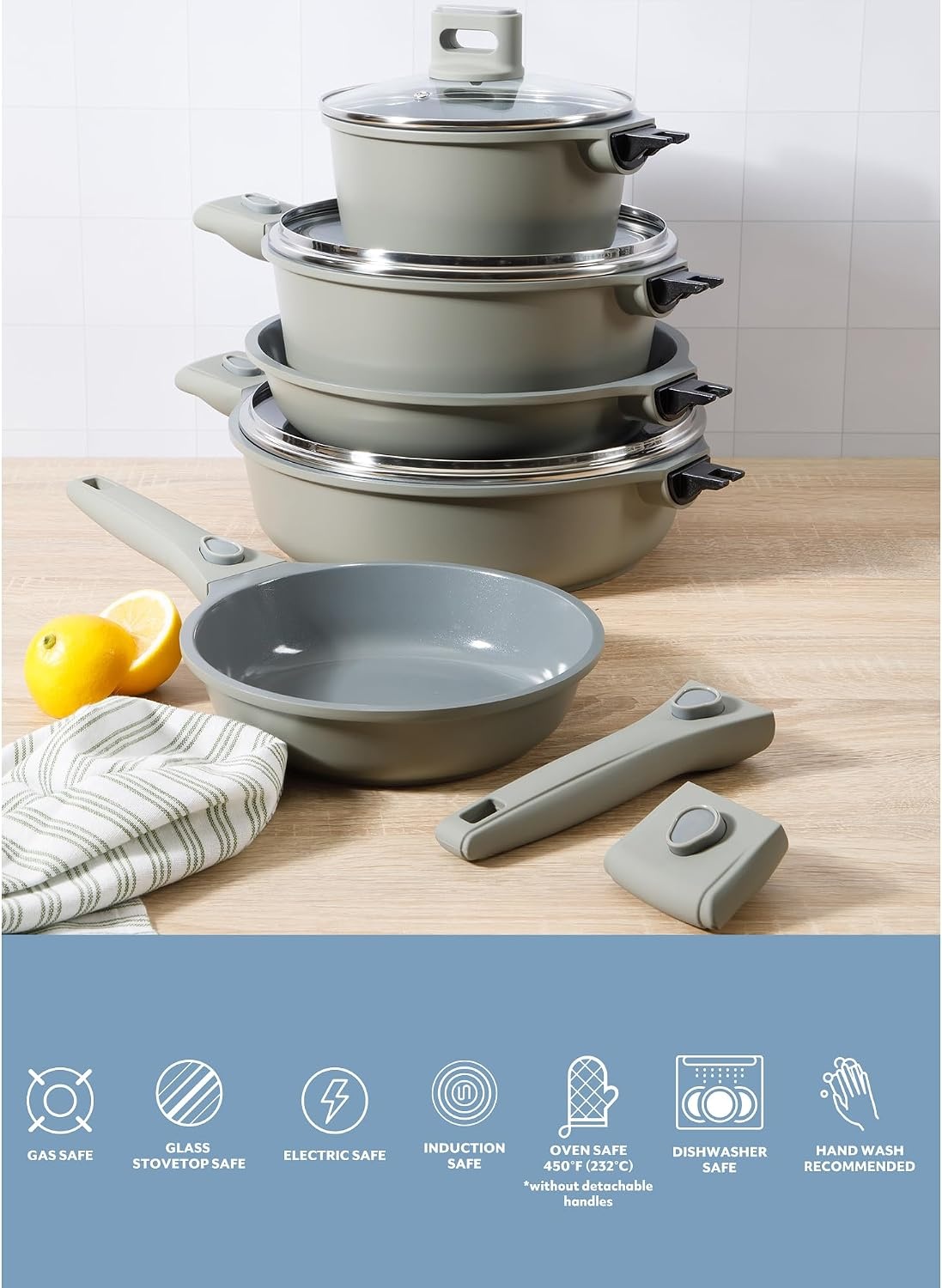 image:imageSur La Table Kitchen Essentials 13 Piece Detachable Handle Pots and Pans Premium PFA Free Premium Ceramic Non Stick Induction Safe and Secure Removable Handle Cookware Set Juniper GreenJuniper Green