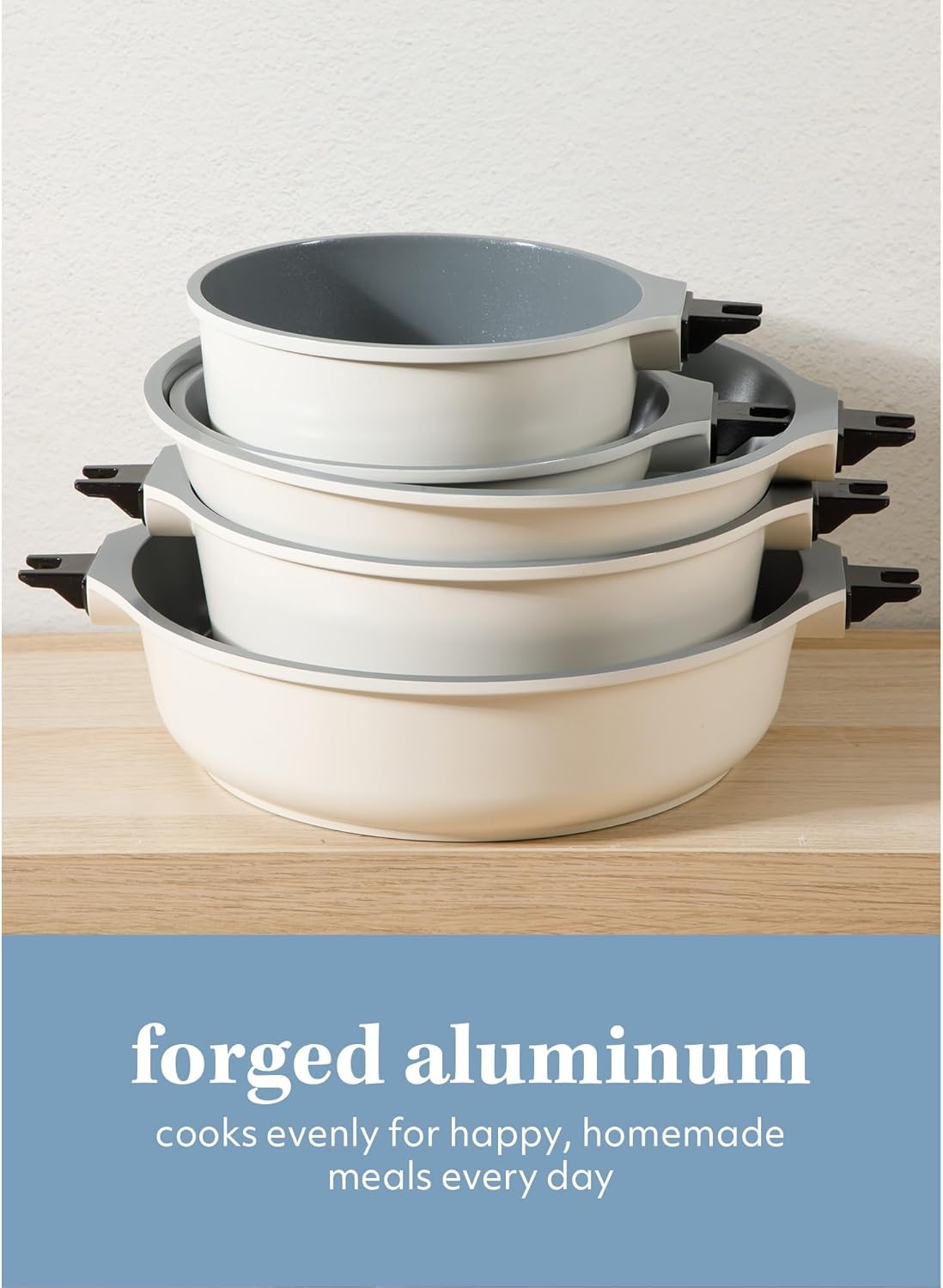 image:imageSur La Table Kitchen Essentials 13 Piece Detachable Handle Pots and Pans Premium PFA Free Premium Ceramic Non Stick Induction Safe and Secure Removable Handle Cookware Set Juniper GreenEggshell White