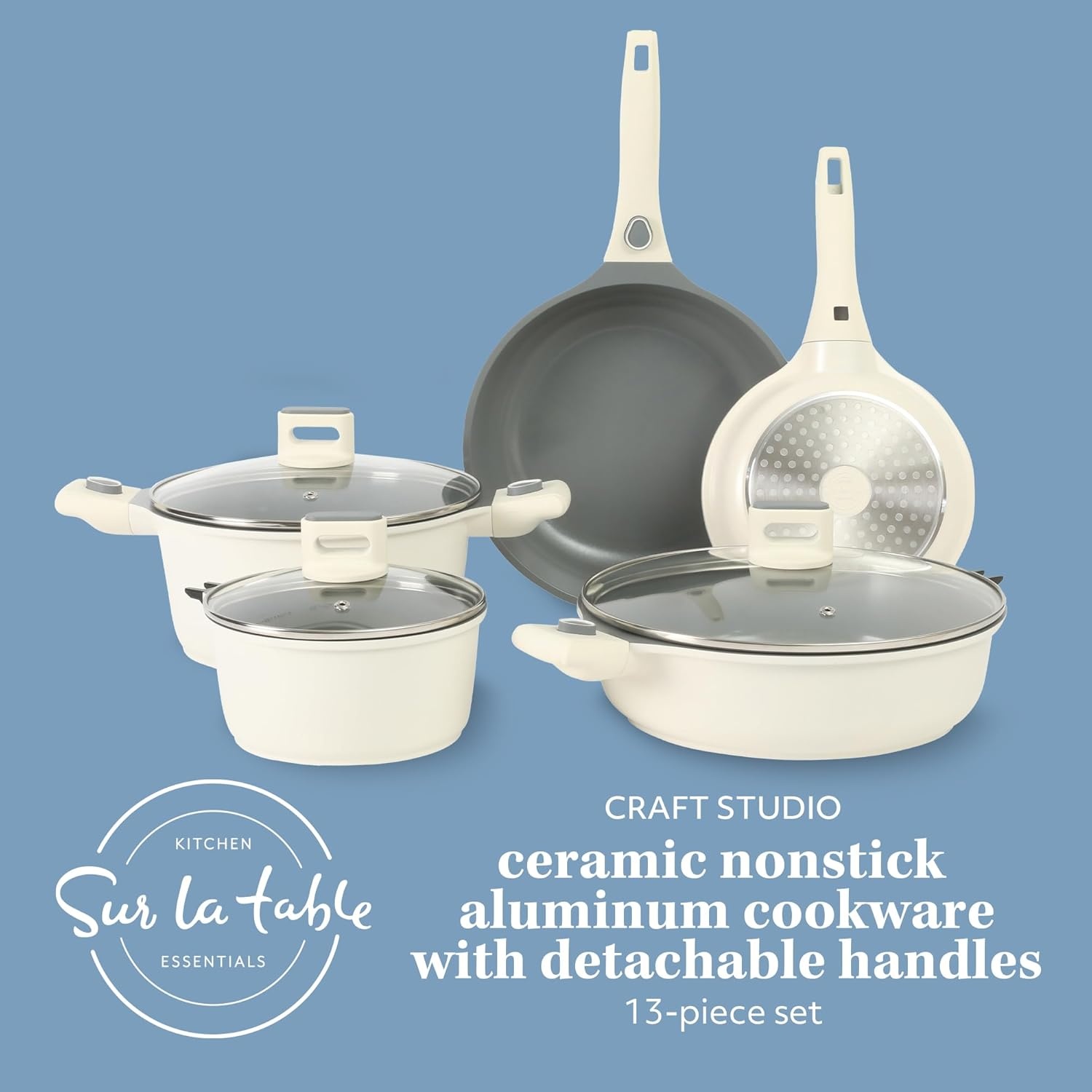 image:imageSur La Table Kitchen Essentials 13 Piece Detachable Handle Pots and Pans Premium PFA Free Premium Ceramic Non Stick Induction Safe and Secure Removable Handle Cookware Set Juniper GreenEggshell White