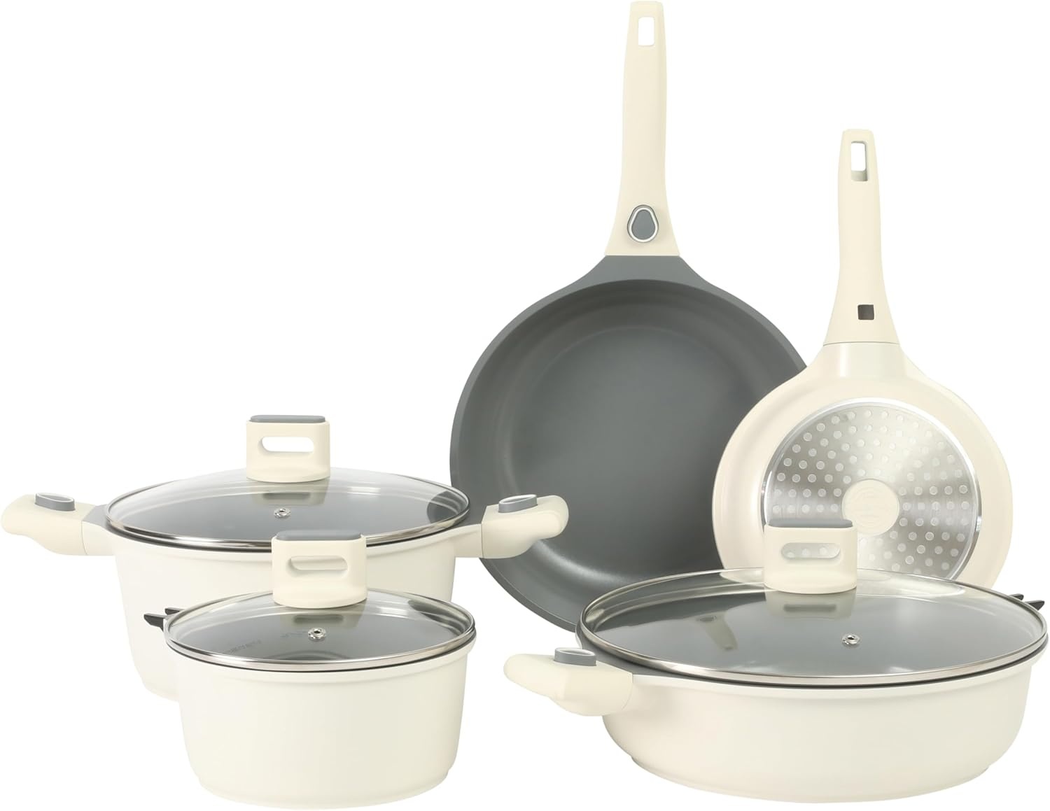 image:imageSur La Table Kitchen Essentials 13 Piece Detachable Handle Pots and Pans Premium PFA Free Premium Ceramic Non Stick Induction Safe and Secure Removable Handle Cookware Set Juniper GreenEggshell White