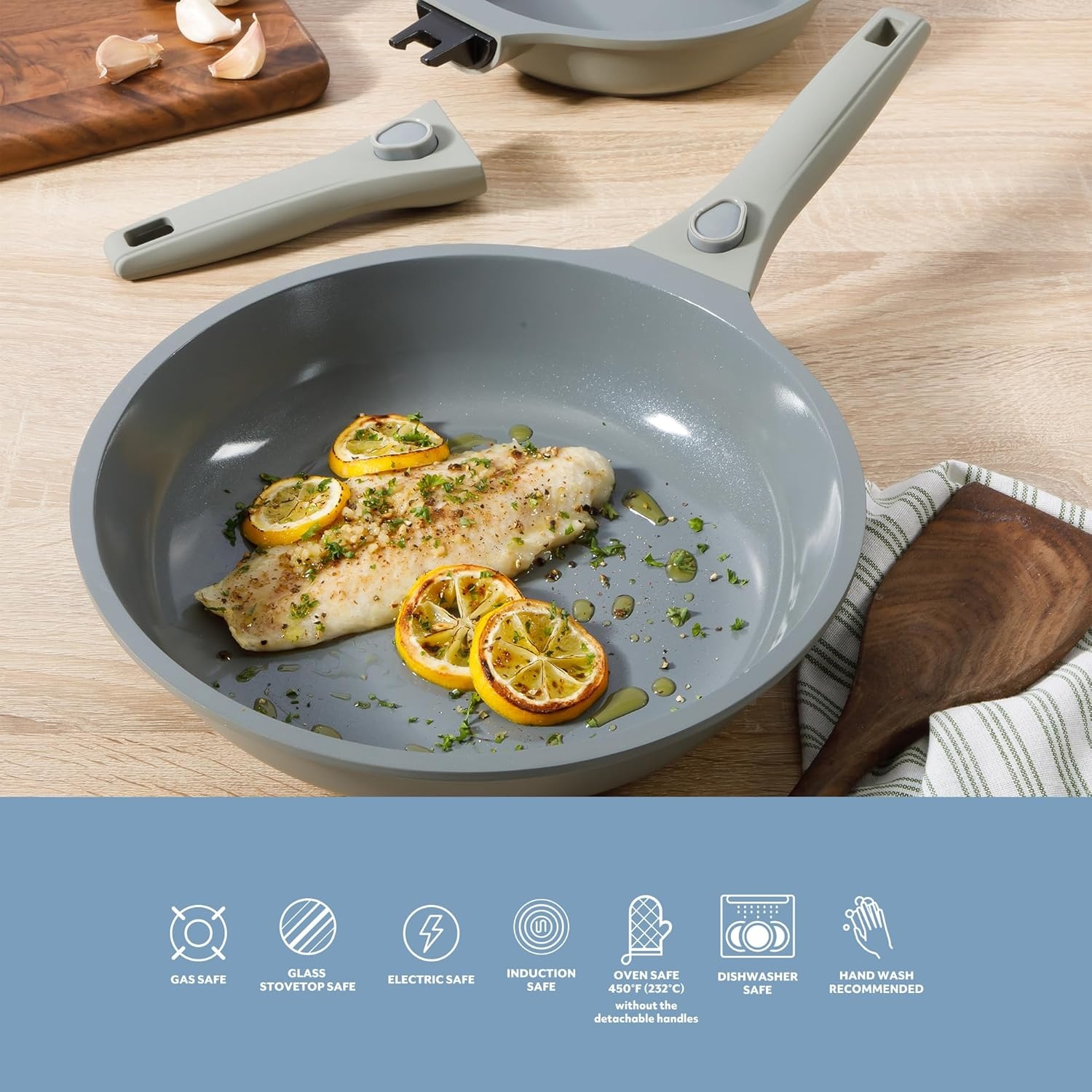 image:imageSur La Table Kitchen Essentials 13 Piece Detachable Handle Pots and Pans Premium PFA Free Premium Ceramic Non Stick Induction Safe and Secure Removable Handle Cookware Set Juniper GreenEggshell White