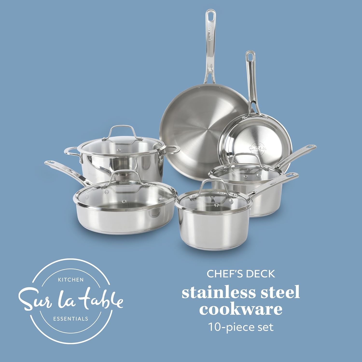 image:imageSur La Table Kitchen Essentials Chefs Deck 3Piece 53Quart Stainless Steel Dutch Oven with Steamer Insert amp Glass Lid Induction Ready TriPly Base Polished Finish amp Hollow StayCool HandlesStainless Steel
