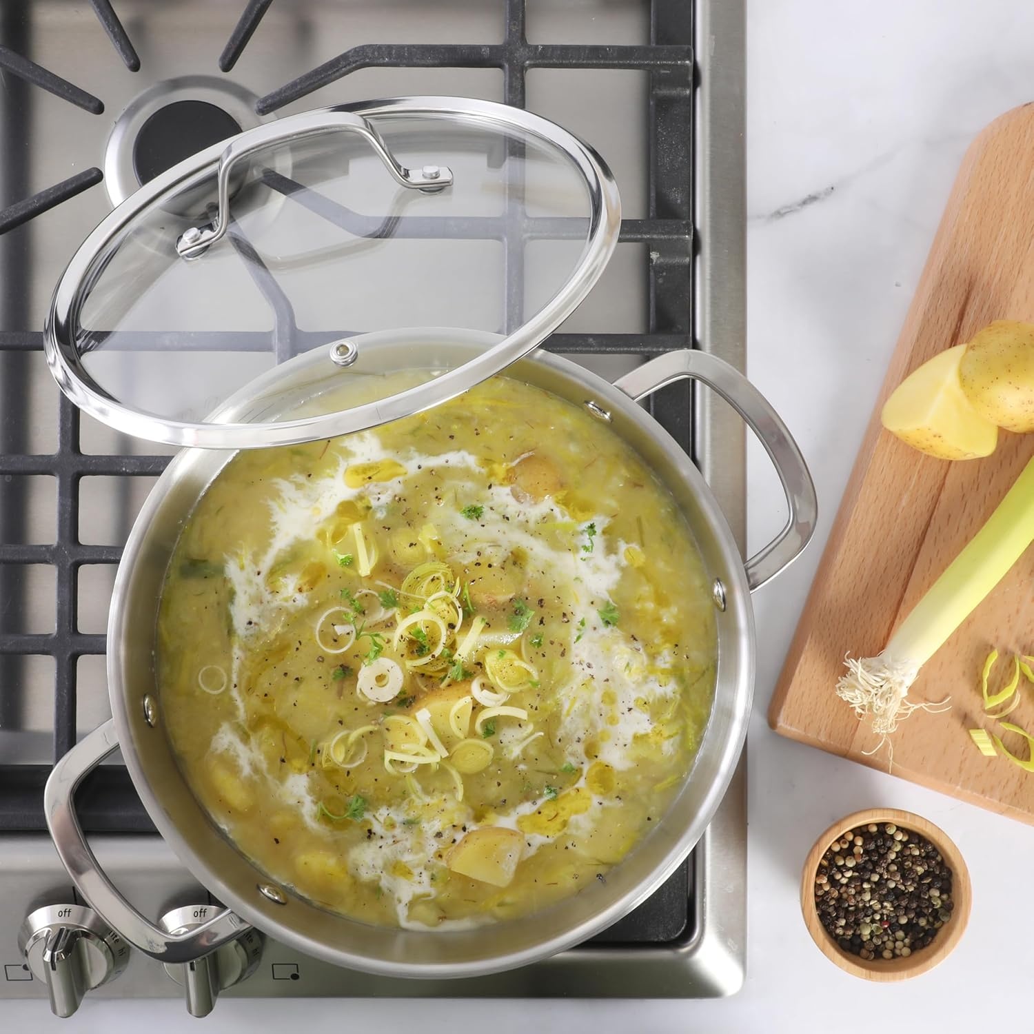 image:imageSur La Table Kitchen Essentials Chefs Deck 3Piece 53Quart Stainless Steel Dutch Oven with Steamer Insert amp Glass Lid Induction Ready TriPly Base Polished Finish amp Hollow StayCool HandlesStainless Steel