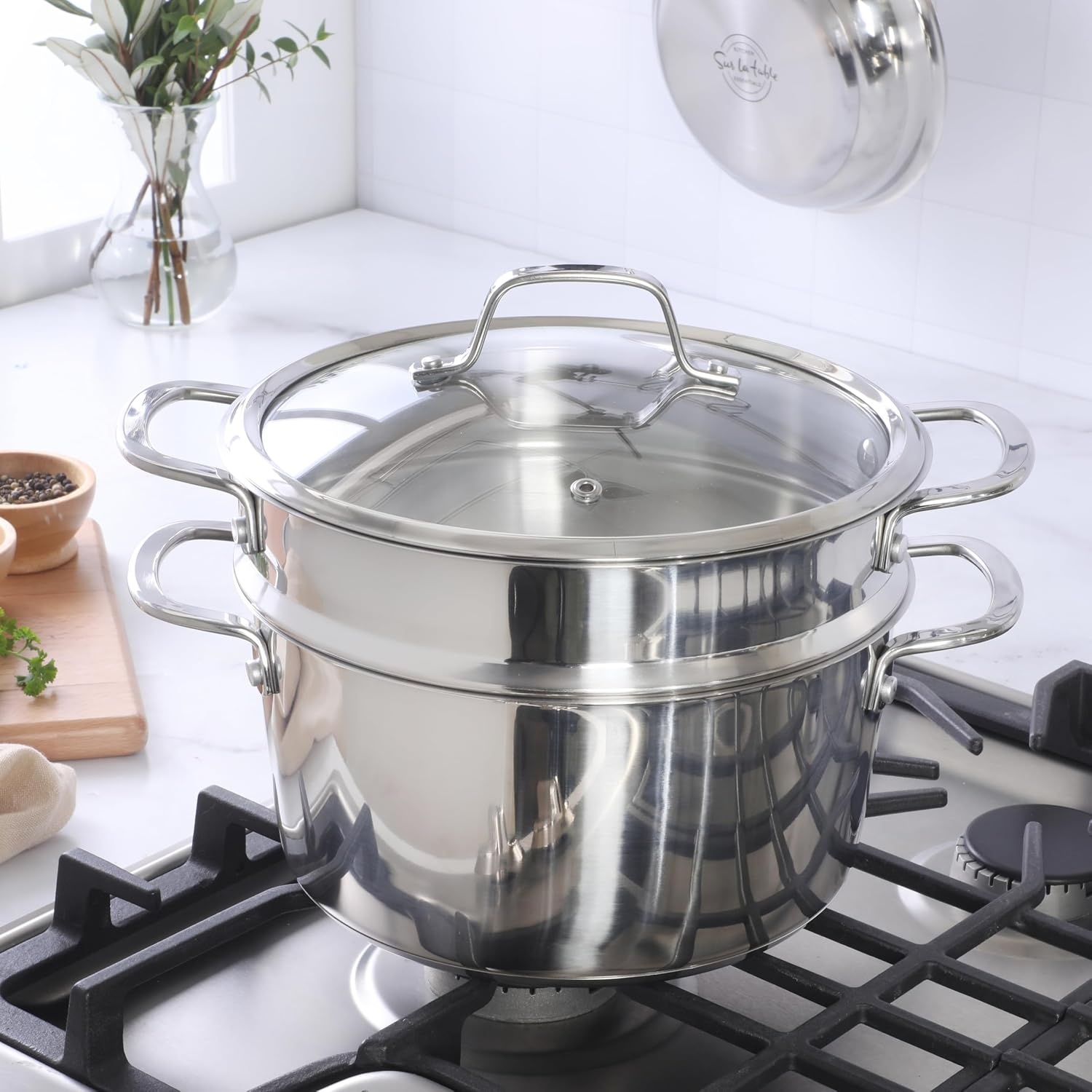 image:imageSur La Table Kitchen Essentials Chefs Deck 3Piece 53Quart Stainless Steel Dutch Oven with Steamer Insert amp Glass Lid Induction Ready TriPly Base Polished Finish amp Hollow StayCool HandlesStainless Steel