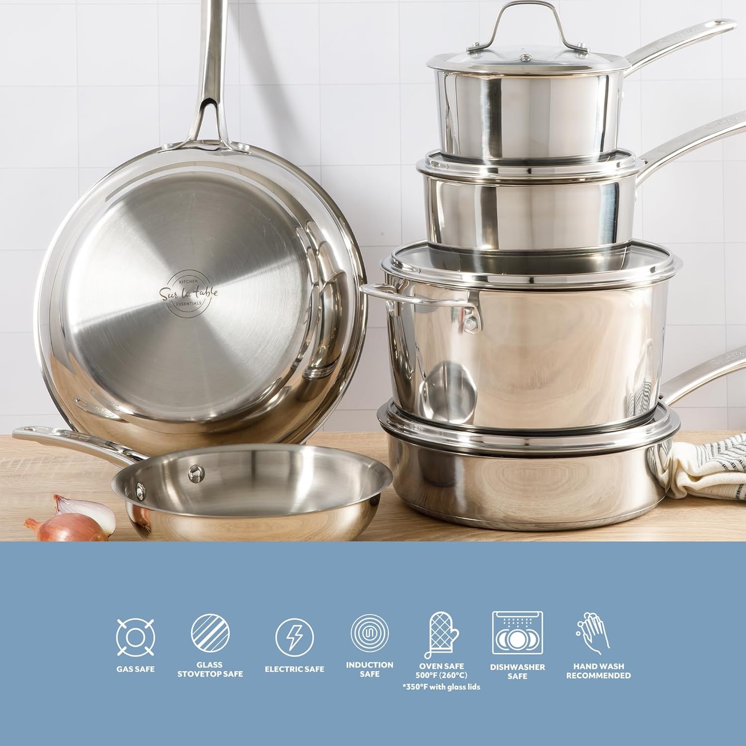 image:imageSur La Table Kitchen Essentials Chefs Deck 3Piece 53Quart Stainless Steel Dutch Oven with Steamer Insert amp Glass Lid Induction Ready TriPly Base Polished Finish amp Hollow StayCool HandlesStainless Steel