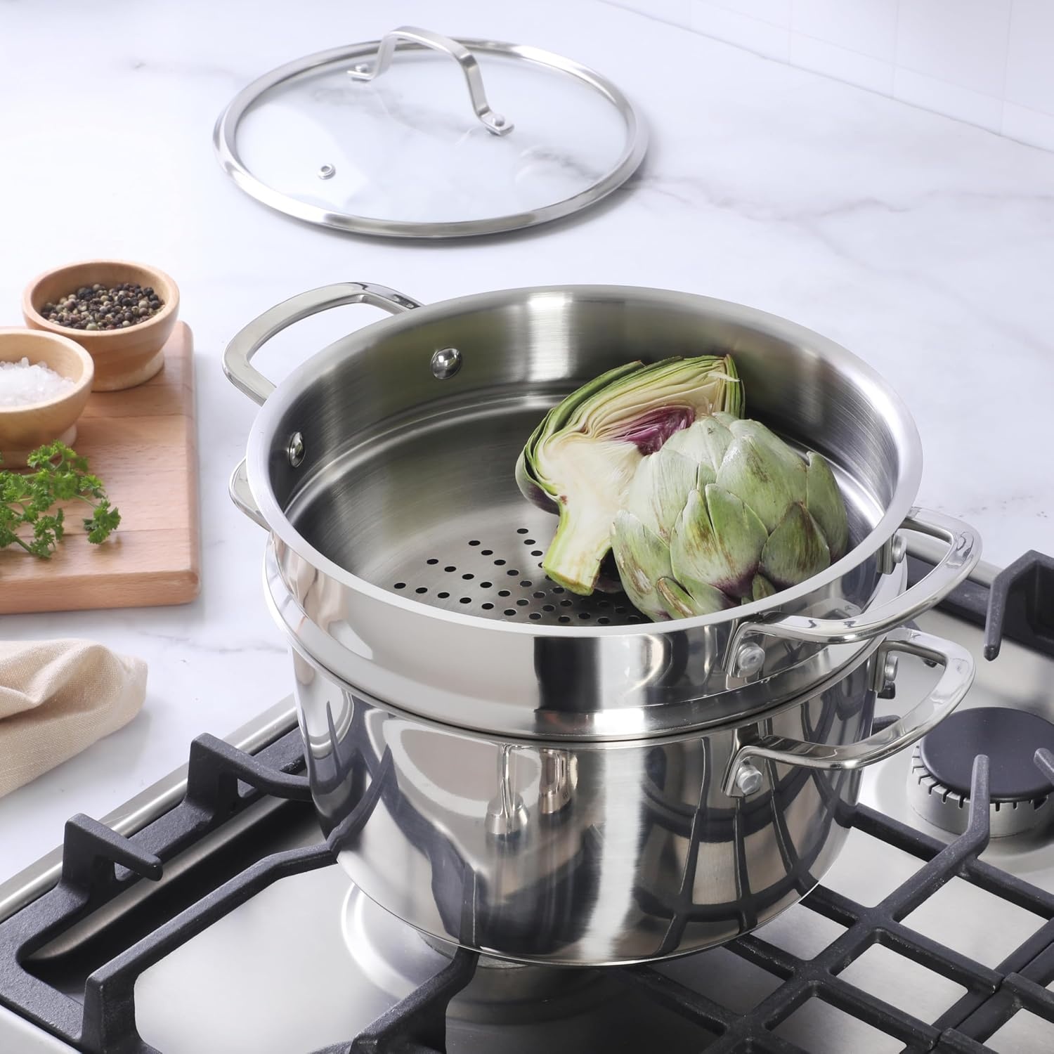 image:imageSur La Table Kitchen Essentials Chefs Deck 3Piece 53Quart Stainless Steel Dutch Oven with Steamer Insert amp Glass Lid Induction Ready TriPly Base Polished Finish amp Hollow StayCool HandlesStainless Steel