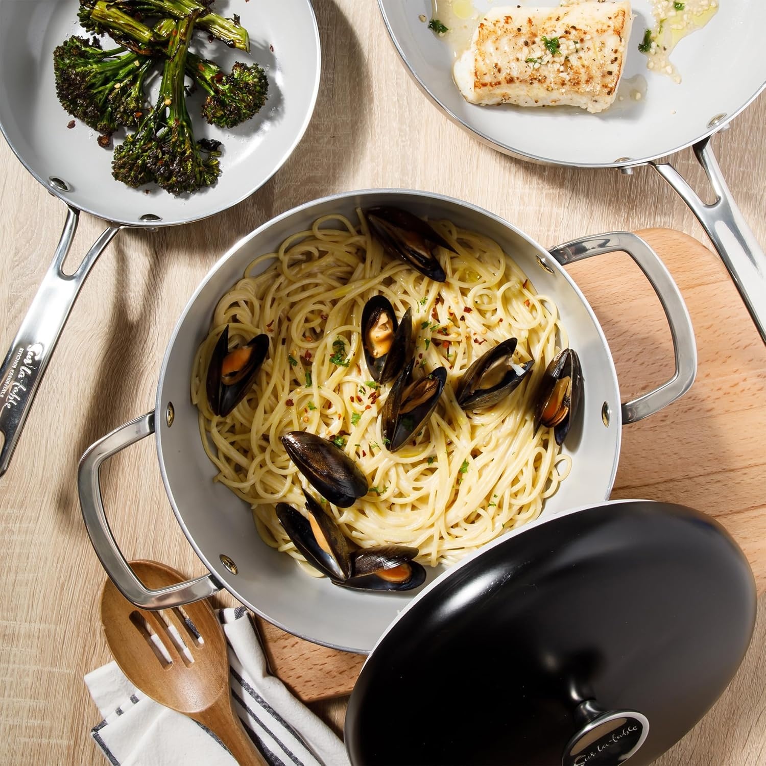 image:imageSur La Table Kitchen Essentials Potluck Porch 10 Inch Deep Frying Pan Skillet Aluminum PFA Free Ceramic Cookware Chefs Pan Omelet Pan Induction BlackBlack