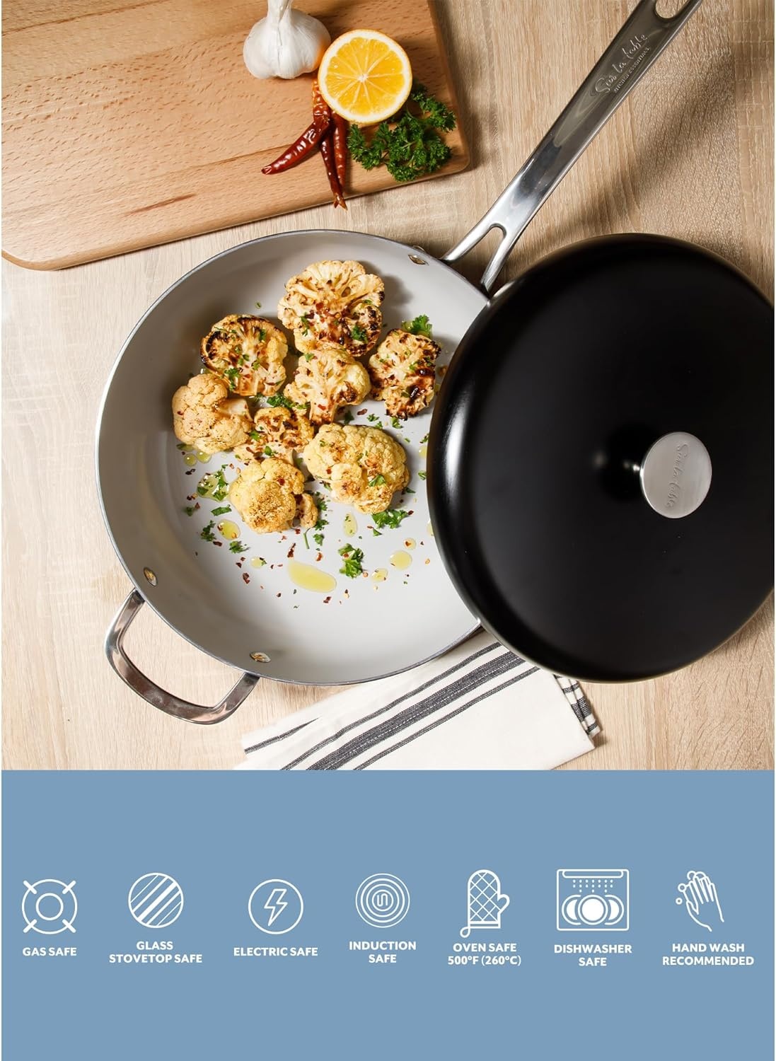 image:imageSur La Table Kitchen Essentials Potluck Porch 10 Inch Deep Frying Pan Skillet Aluminum PFA Free Ceramic Cookware Chefs Pan Omelet Pan Induction BlackBlack