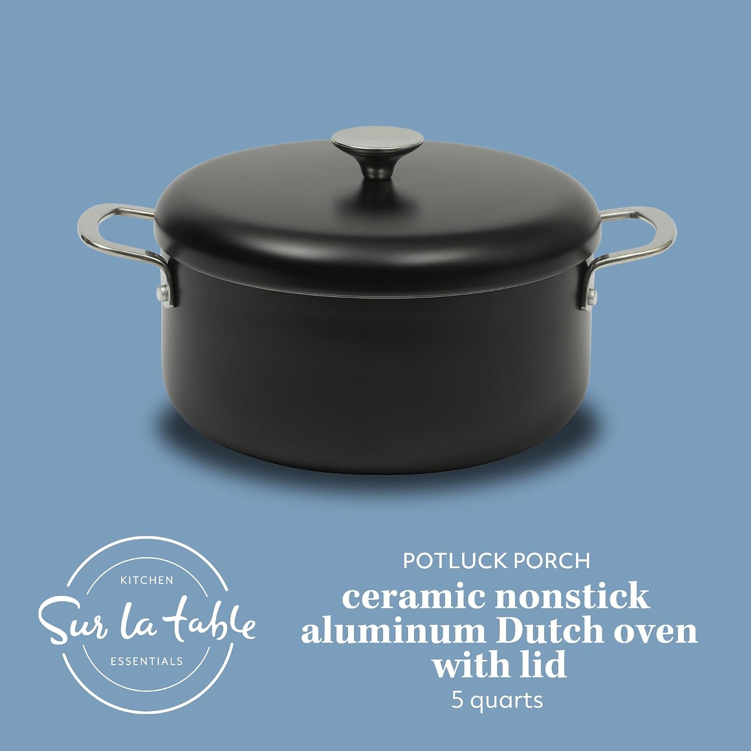 image:imageSur La Table Kitchen Essentials Potluck Porch 5 Quart Aluminum Dutch Oven Pot wAluminum Lid PFA FREE Ceramic Interior Cookware Pot Induction Black