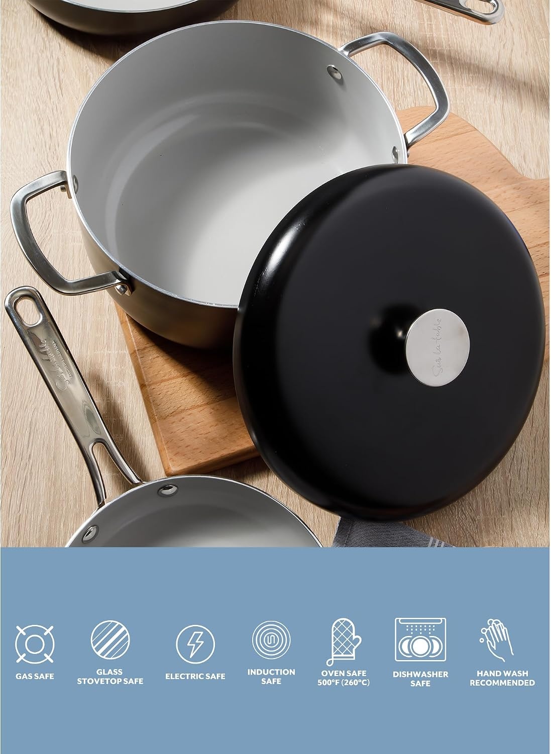 image:imageSur La Table Kitchen Essentials Potluck Porch 5 Quart Aluminum Dutch Oven Pot wAluminum Lid PFA FREE Ceramic Interior Cookware Pot Induction Black