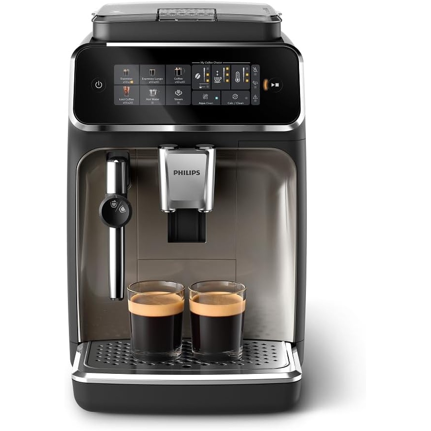image:imagePhilips 3300 Series Fully Automatic Espresso Machine with integrated milk frother and grinder 5 Hot amp Iced Coffee PreSets 40 Quieter SilentBrew 15Bar Pressure Glossy Black EP332690Black Chrome
