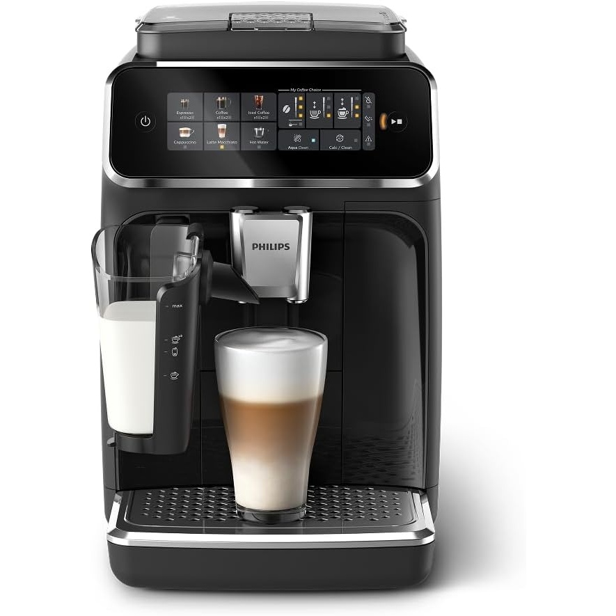 image:imagePhilips 3300 Series Fully Automatic Espresso Machine with integrated milk frother and grinder 5 Hot amp Iced Coffee PreSets 40 Quieter SilentBrew 15Bar Pressure Glossy Black EP332690Glossy Black Ep 3341 50