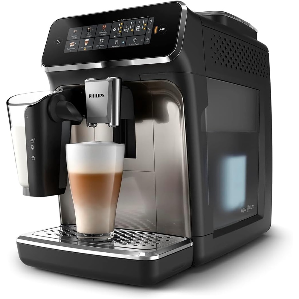 image:imagePhilips 3300 Series Fully Automatic Espresso Machine with integrated milk frother and grinder 5 Hot amp Iced Coffee PreSets 40 Quieter SilentBrew 15Bar Pressure Glossy Black EP332690Glossy Black Ep 3347 90