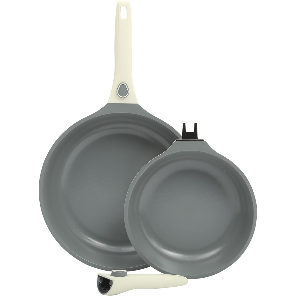 image:imageSur La Table Kitchen Essentials 13 Piece Detachable Handle Pots and Pans Premium PFA Free Premium Ceramic Non Stick Induction Safe and Secure Removable Handle Cookware Set Juniper GreenEggshell White