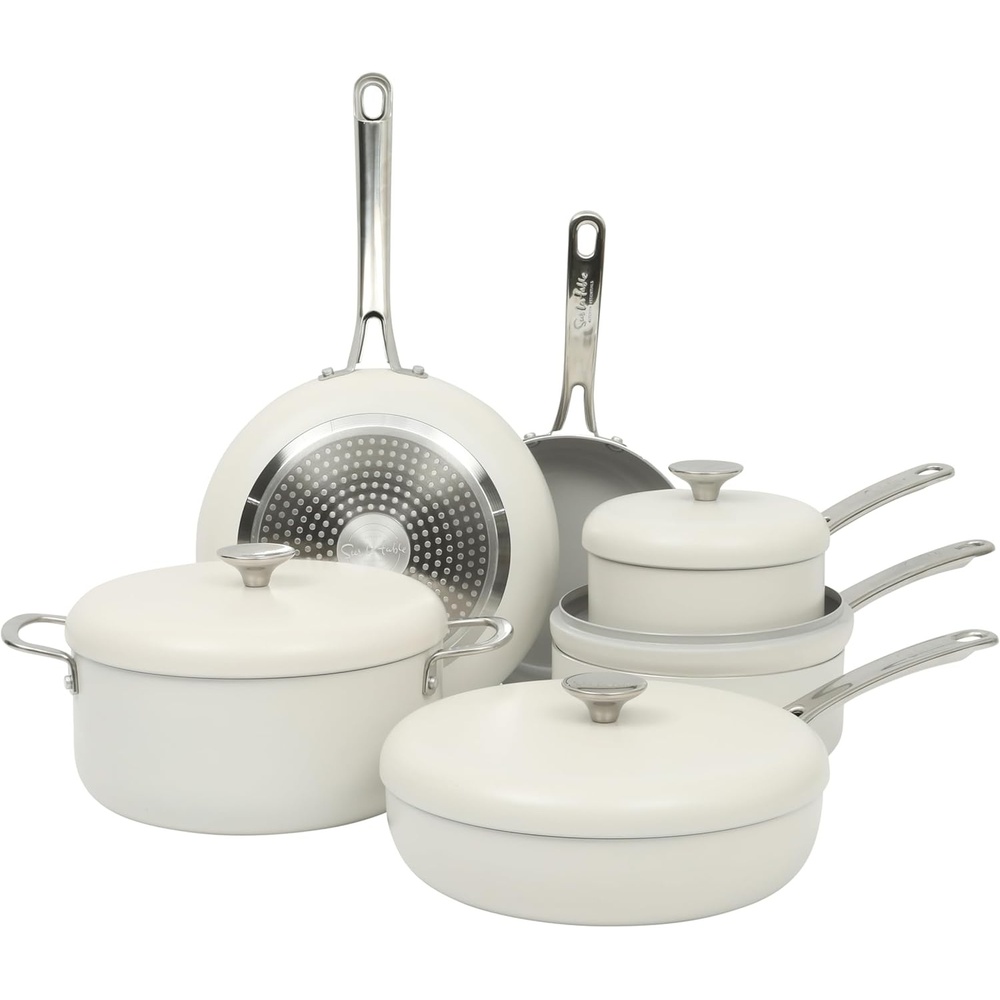 image:imageSur La Table Kitchen Essentials Potluck Porch 10 Inch Deep Frying Pan Skillet Aluminum PFA Free Ceramic Cookware Chefs Pan Omelet Pan Induction BlackLinen White