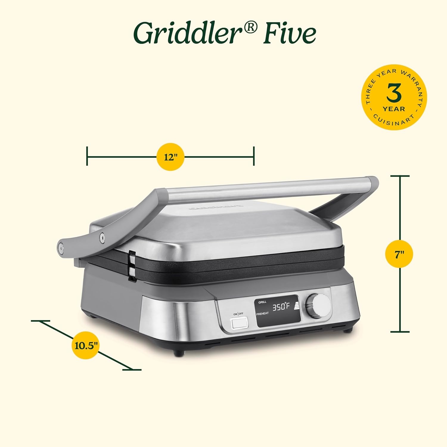 image:imageCuisinart Electric Griddler FIVE Countertop Grill Enjoy 5in1 Functions Including Panini Press LCD Display Wide Temperature Range and Sear Function Nonstick Plates GR5NAS Stainless SteelDigital
