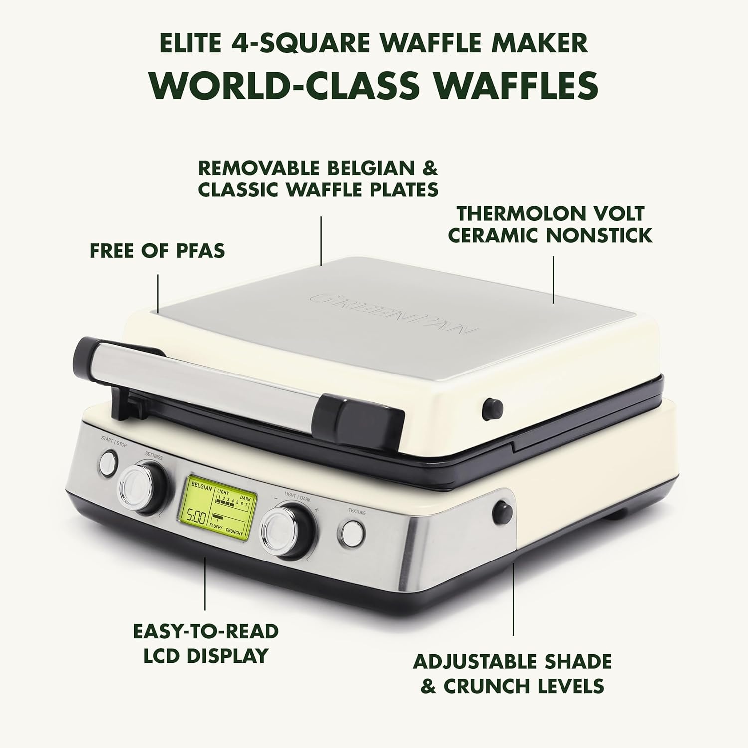 image:imageGreenPan Elite 4Square Belgian amp Classic Waffle MakerHealthy Ceramic Nonstick Dishwasher Safe Plates Adjustable ShadeCrunch Control Wont Overflow Easy Cleanup Breakfast PFASFree WhiteCream White