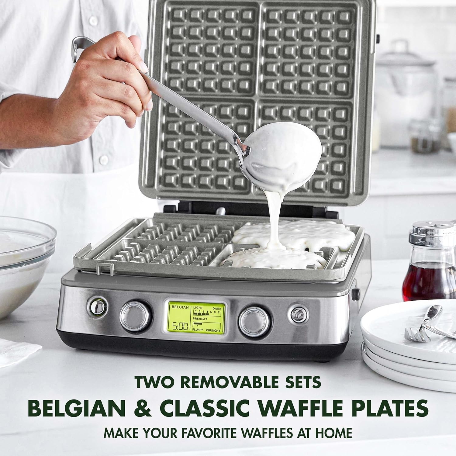 image:imageGreenPan Elite 4Square Belgian amp Classic Waffle MakerHealthy Ceramic Nonstick Dishwasher Safe Plates Adjustable ShadeCrunch Control Wont Overflow Easy Cleanup Breakfast PFASFree WhiteGraphite