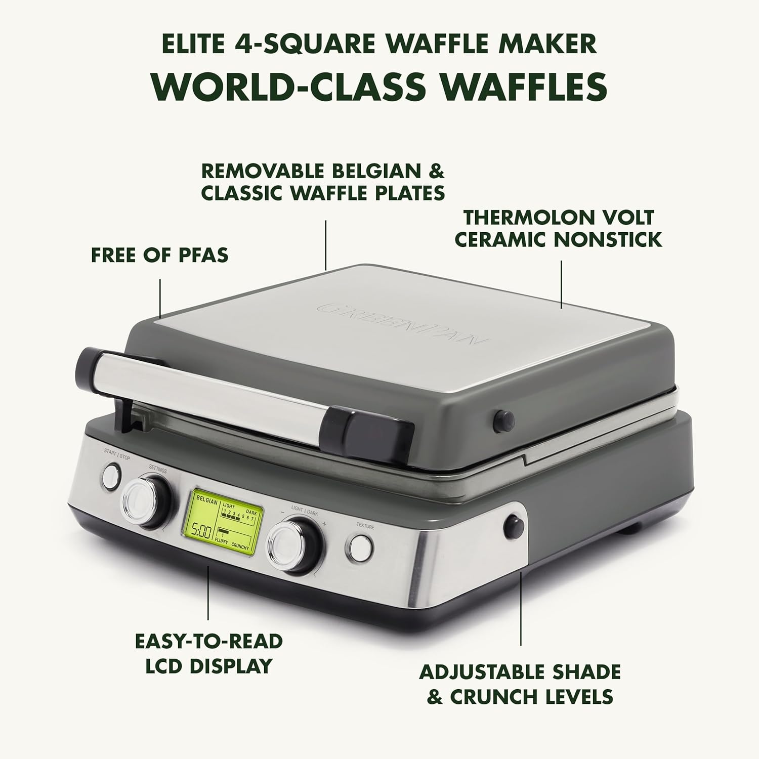 image:imageGreenPan Elite 4Square Belgian amp Classic Waffle MakerHealthy Ceramic Nonstick Dishwasher Safe Plates Adjustable ShadeCrunch Control Wont Overflow Easy Cleanup Breakfast PFASFree WhiteGraphite