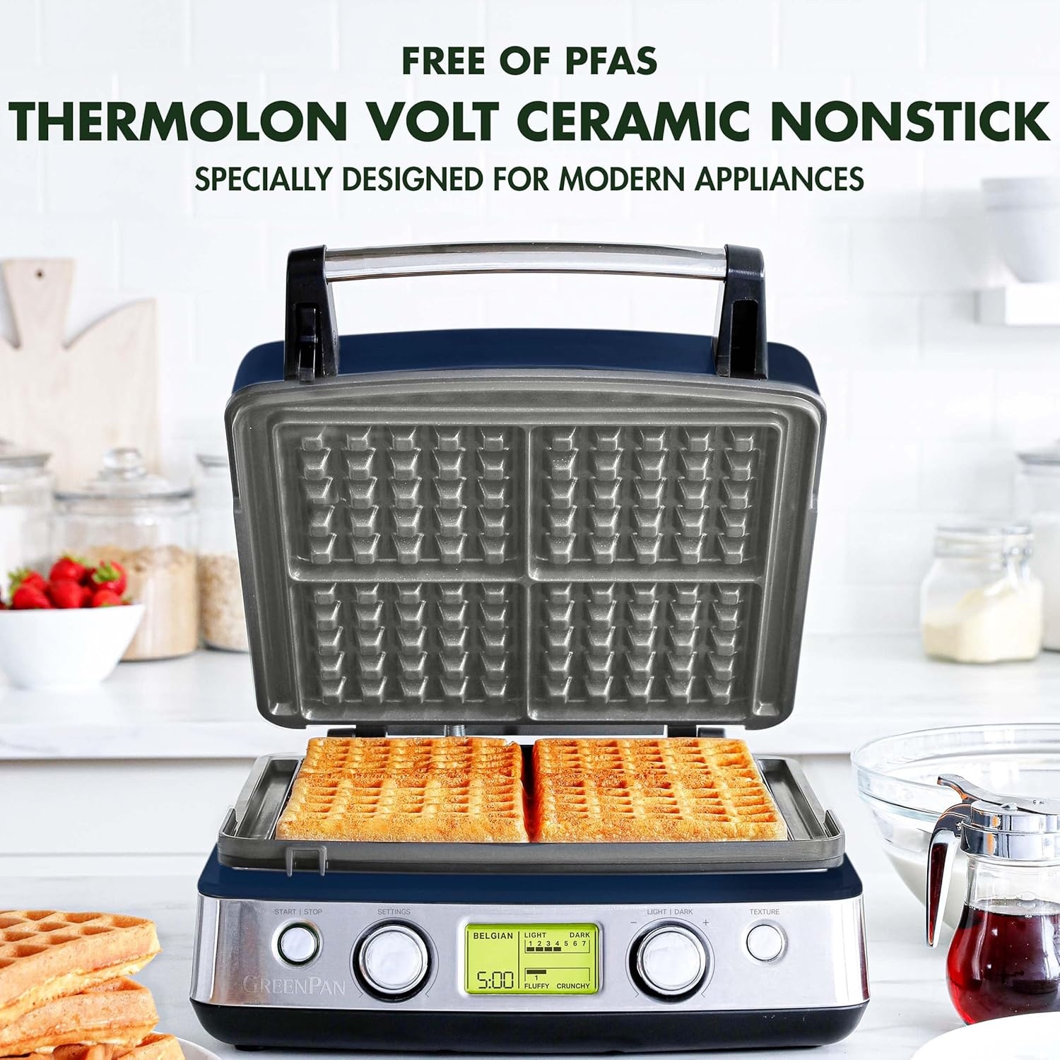 image:imageGreenPan Elite 4Square Belgian amp Classic Waffle MakerHealthy Ceramic Nonstick Dishwasher Safe Plates Adjustable ShadeCrunch Control Wont Overflow Easy Cleanup Breakfast PFASFree WhiteCream White