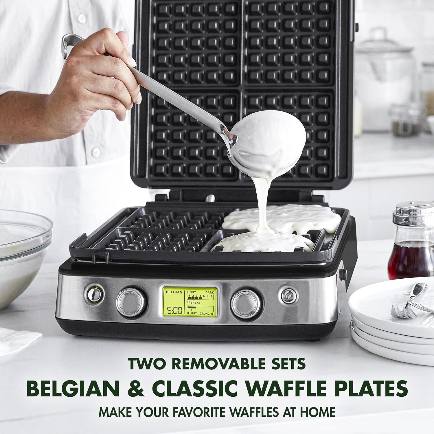 image:imageGreenPan Elite 4Square Belgian amp Classic Waffle MakerHealthy Ceramic Nonstick Dishwasher Safe Plates Adjustable ShadeCrunch Control Wont Overflow Easy Cleanup Breakfast PFASFree WhiteBlack