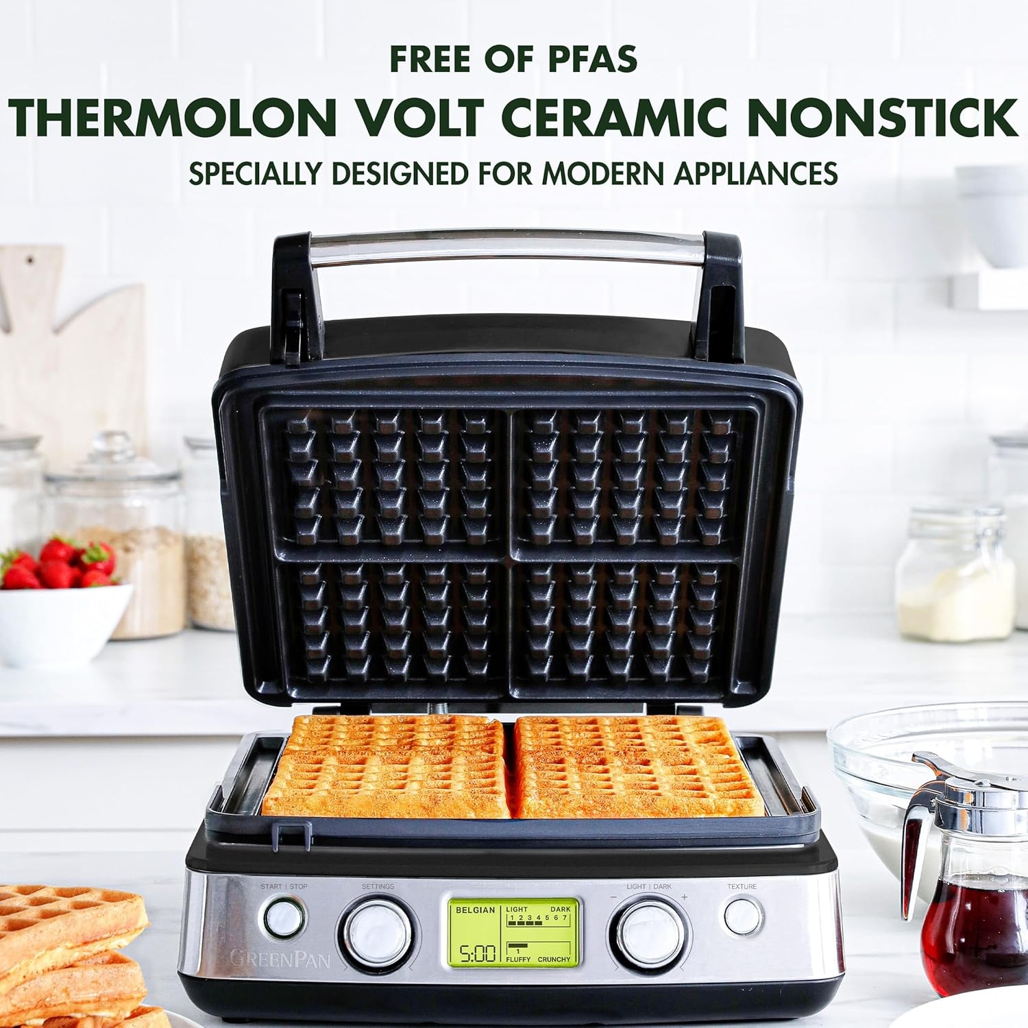 image:imageGreenPan Elite 4Square Belgian amp Classic Waffle MakerHealthy Ceramic Nonstick Dishwasher Safe Plates Adjustable ShadeCrunch Control Wont Overflow Easy Cleanup Breakfast PFASFree WhiteBlack