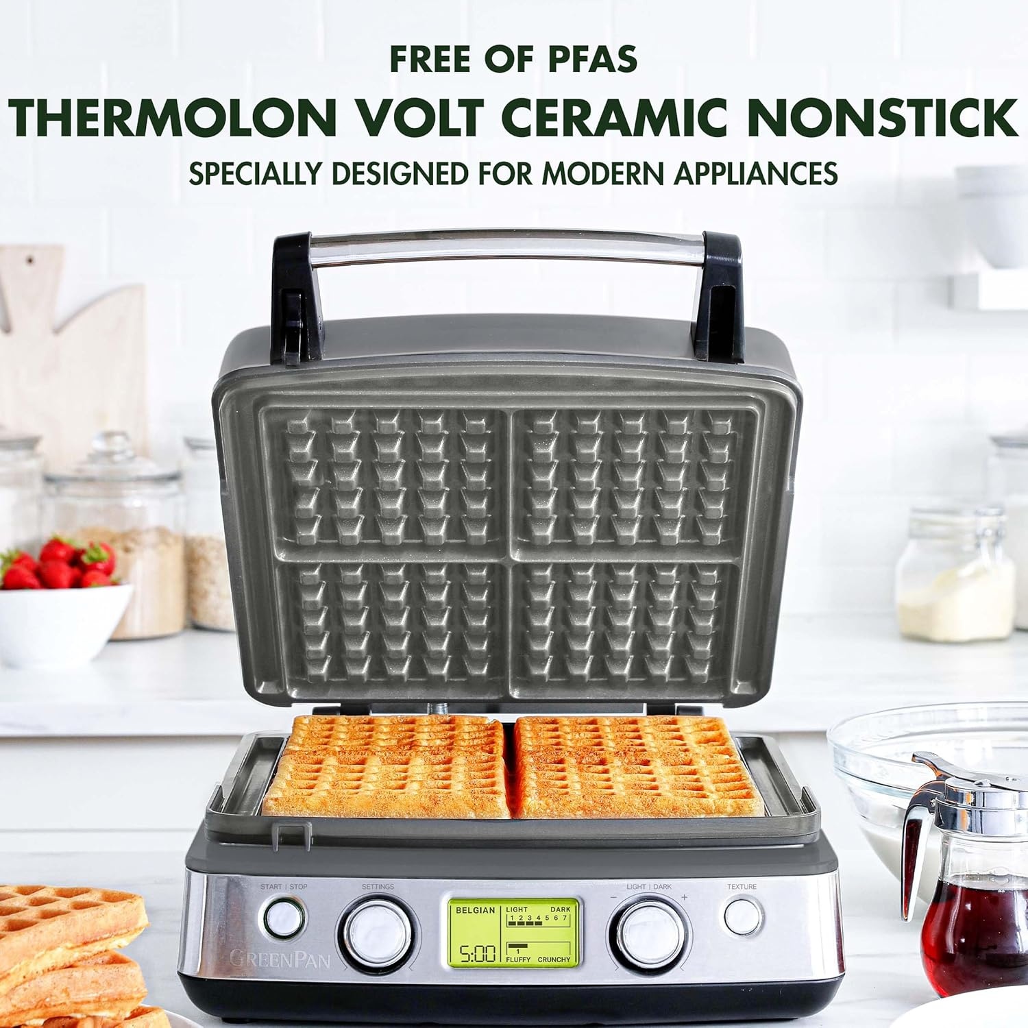 image:imageGreenPan Elite 4Square Belgian amp Classic Waffle MakerHealthy Ceramic Nonstick Dishwasher Safe Plates Adjustable ShadeCrunch Control Wont Overflow Easy Cleanup Breakfast PFASFree WhiteGraphite