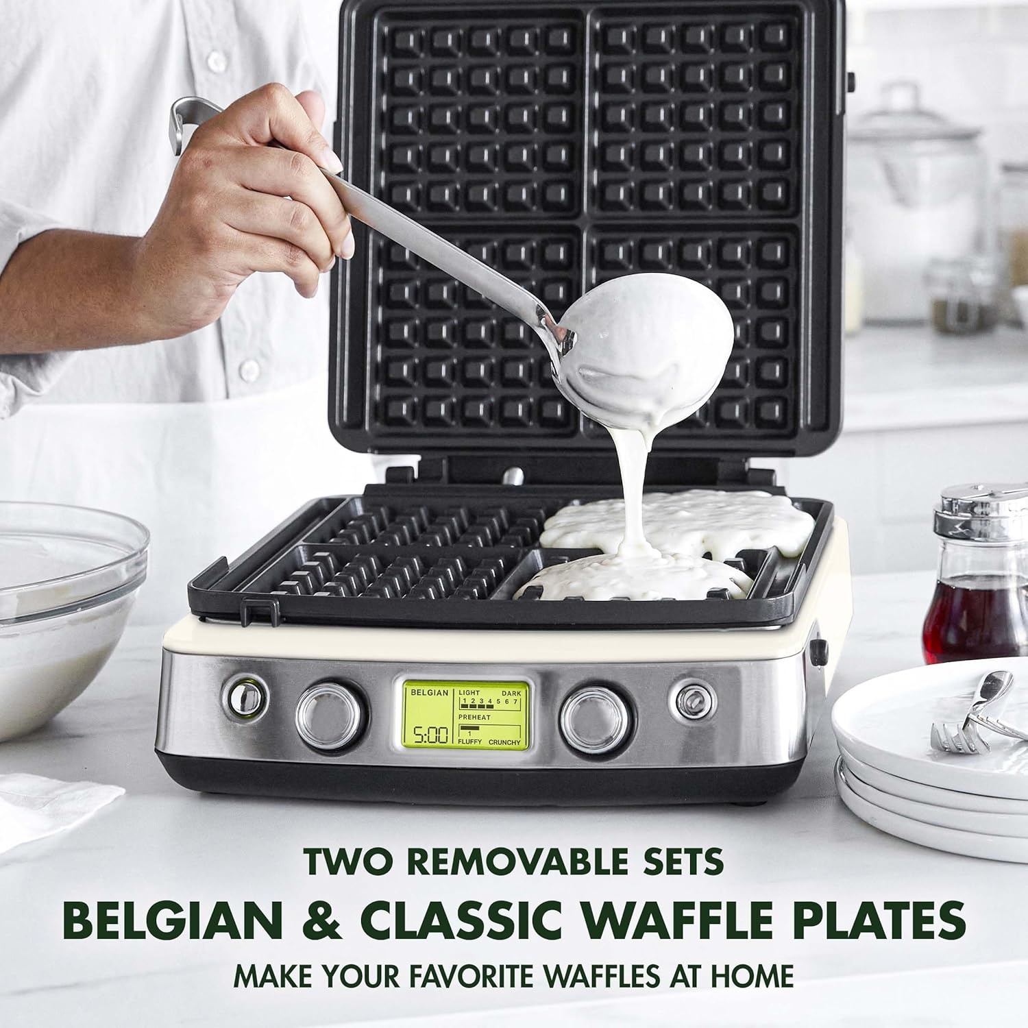 image:imageGreenPan Elite 4Square Belgian amp Classic Waffle MakerHealthy Ceramic Nonstick Dishwasher Safe Plates Adjustable ShadeCrunch Control Wont Overflow Easy Cleanup Breakfast PFASFree WhiteCream White
