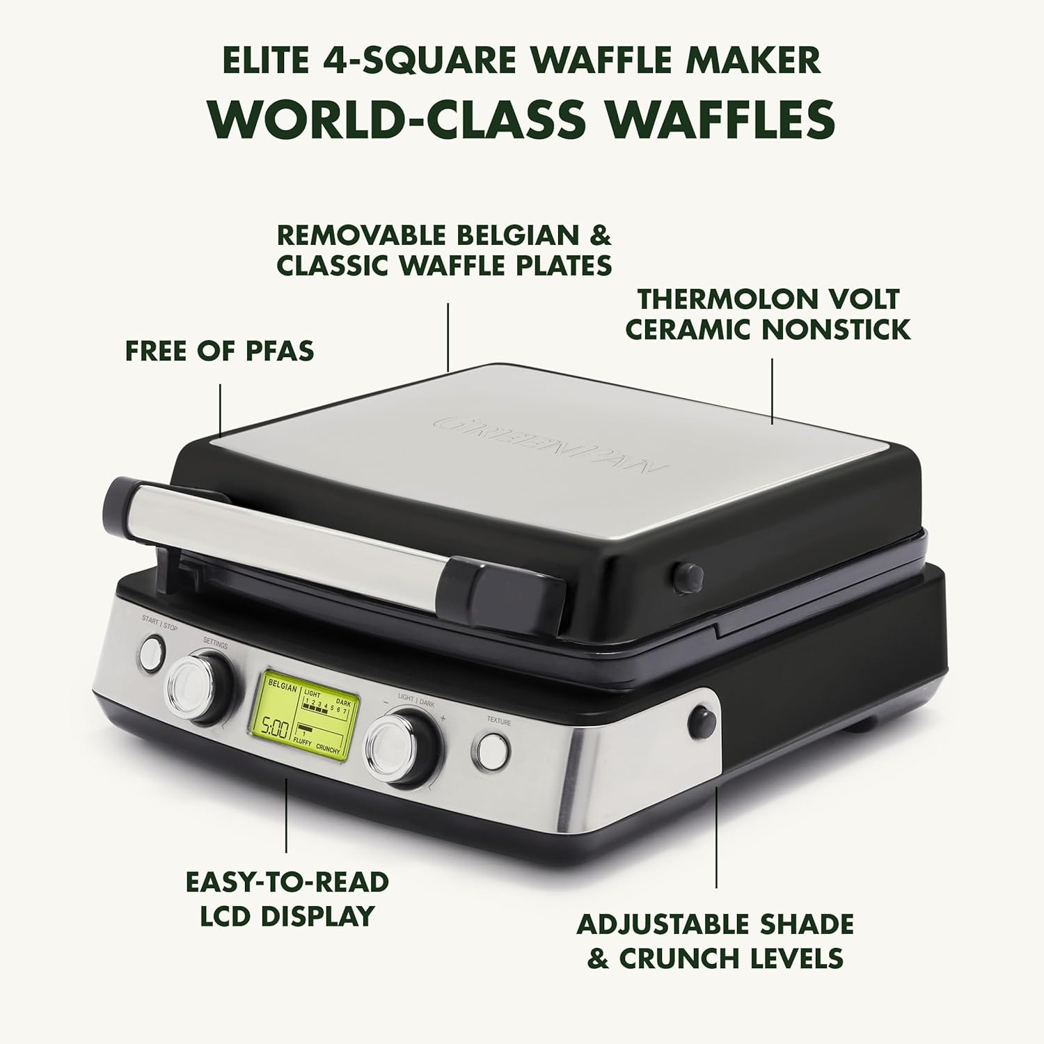 image:imageGreenPan Elite 4Square Belgian amp Classic Waffle MakerHealthy Ceramic Nonstick Dishwasher Safe Plates Adjustable ShadeCrunch Control Wont Overflow Easy Cleanup Breakfast PFASFree WhiteBlack