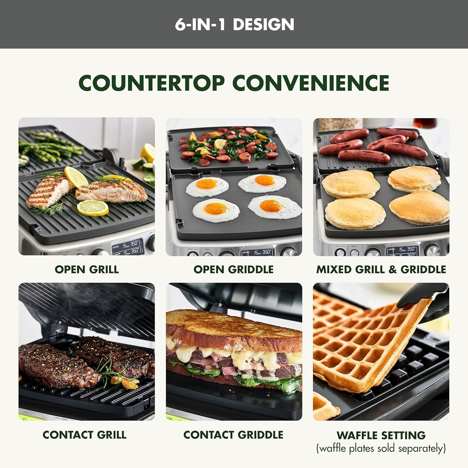 image:imageGreenPan Elite 7in1 MultiFunction Contact Grill amp Griddle Healthy Ceramic Nonstick Reversible Plates Adjustable Shade amp Shear Closed PressOpen Flat Surface PFASFree Cream WhiteGraphite