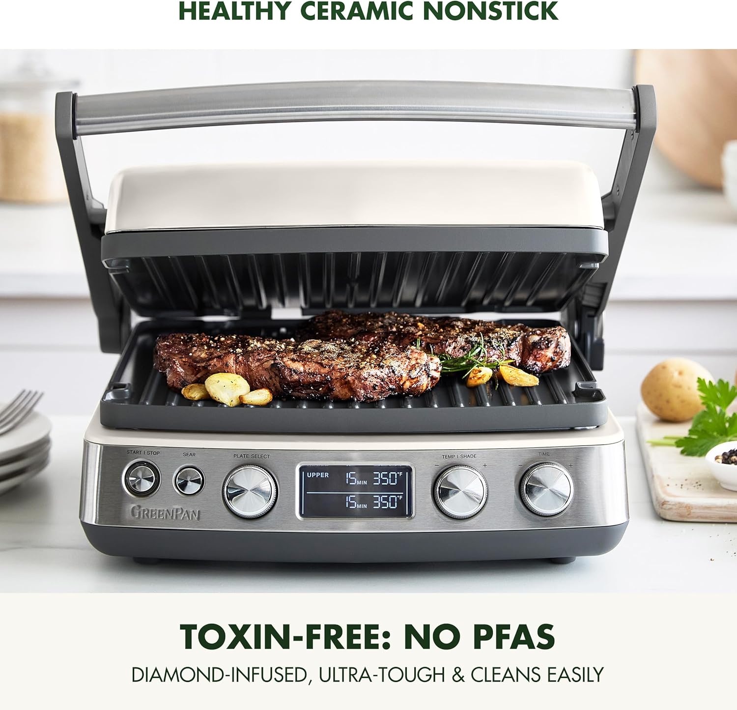 image:imageGreenPan Elite 7in1 MultiFunction Contact Grill amp Griddle Healthy Ceramic Nonstick Reversible Plates Adjustable Shade amp Shear Closed PressOpen Flat Surface PFASFree Cream WhiteCream White