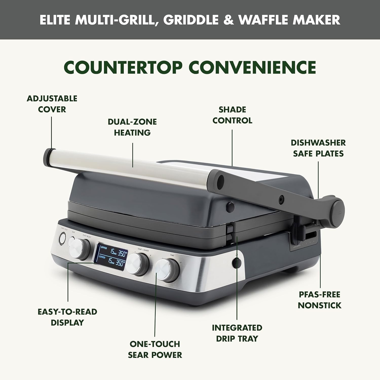 image:imageGreenPan Elite 7in1 MultiFunction Contact Grill amp Griddle Healthy Ceramic Nonstick Reversible Plates Adjustable Shade amp Shear Closed PressOpen Flat Surface PFASFree Cream WhiteGraphite