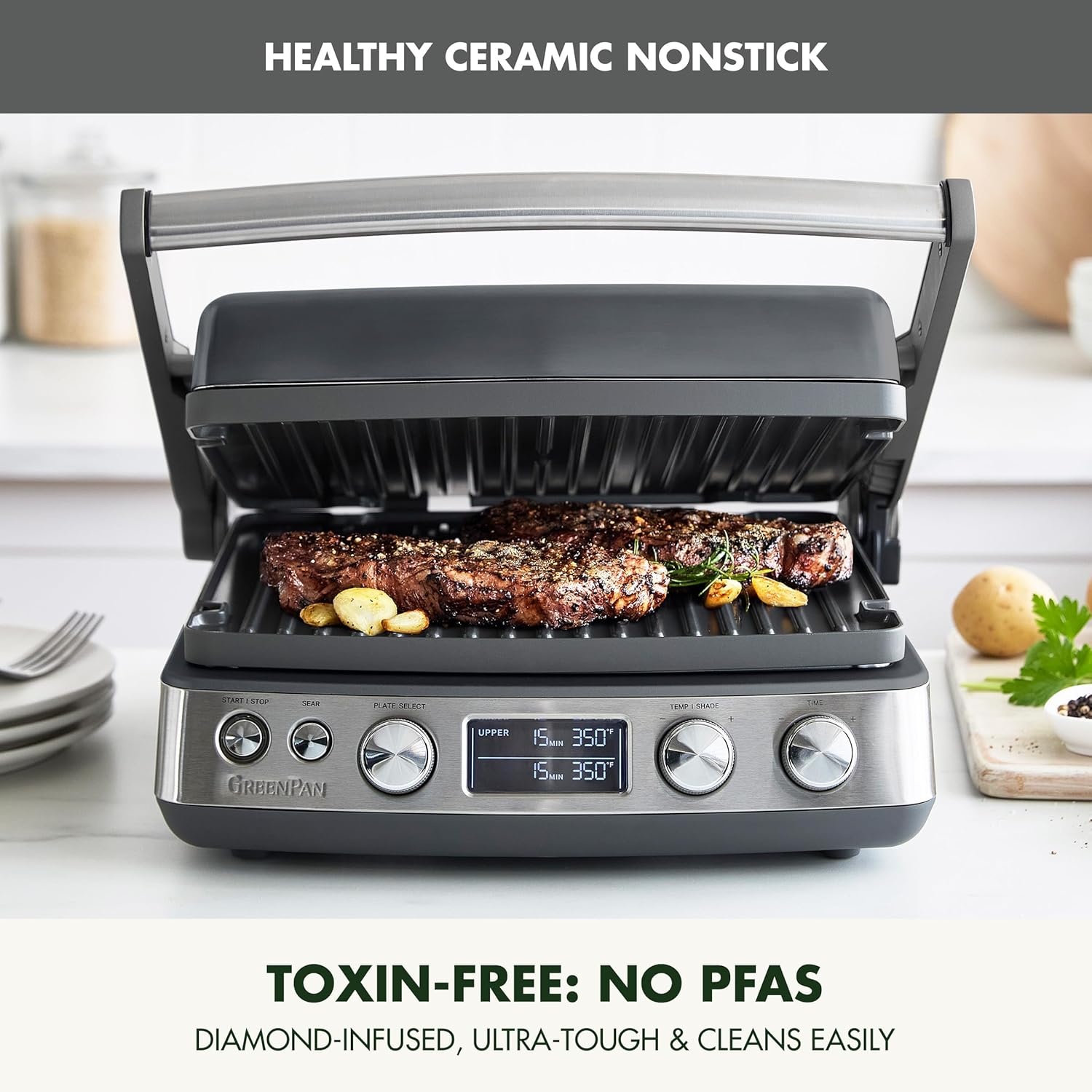 image:imageGreenPan Elite 7in1 MultiFunction Contact Grill amp Griddle Healthy Ceramic Nonstick Reversible Plates Adjustable Shade amp Shear Closed PressOpen Flat Surface PFASFree Cream WhiteGraphite