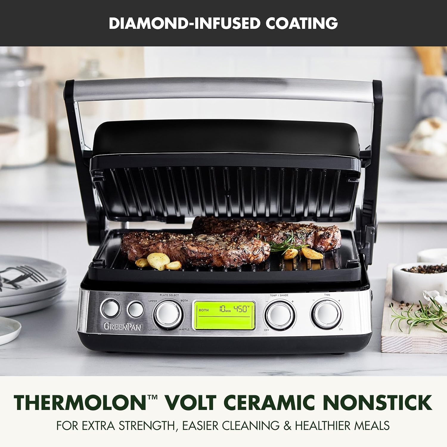 image:imageGreenPan Elite 7in1 MultiFunction Contact Grill amp Griddle Healthy Ceramic Nonstick Reversible Plates Adjustable Shade amp Shear Closed PressOpen Flat Surface PFASFree Cream WhiteBlack