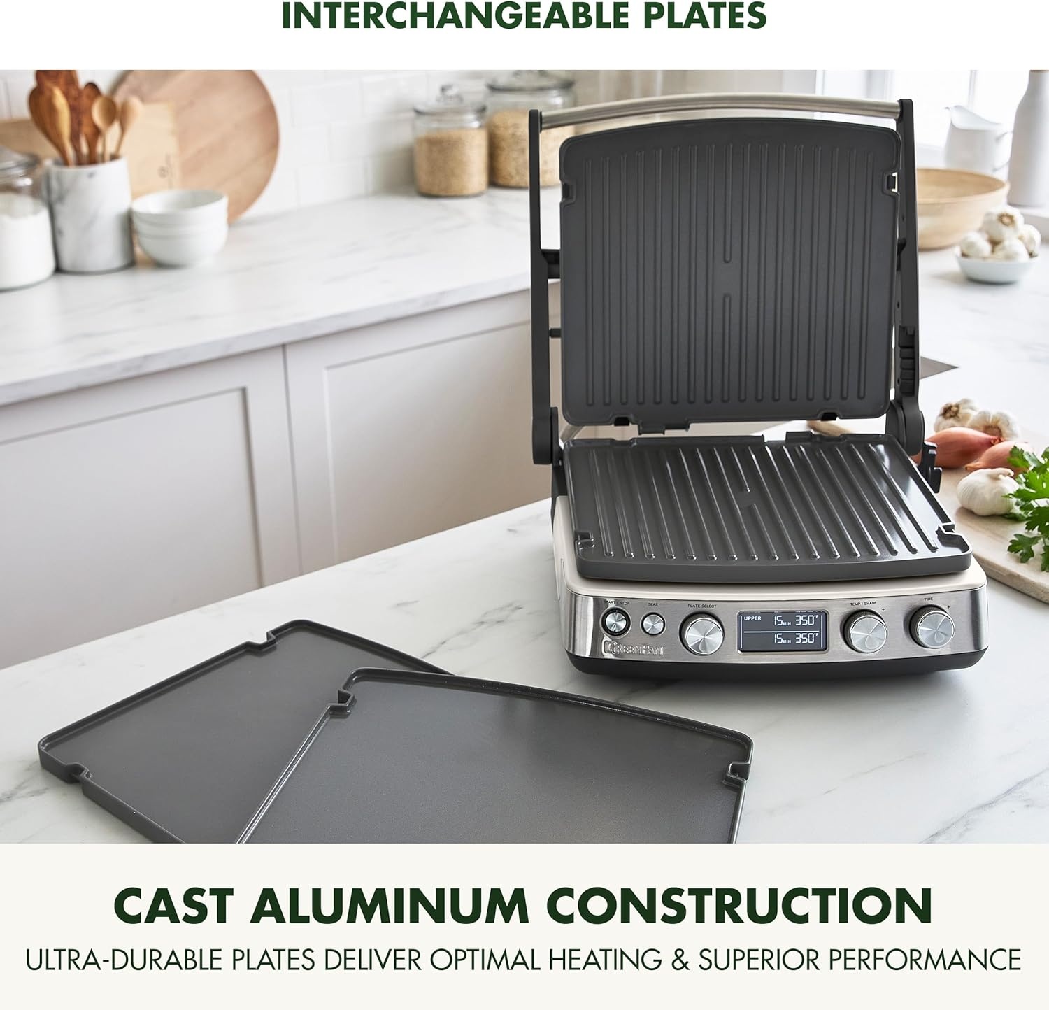 image:imageGreenPan Elite 7in1 MultiFunction Contact Grill amp Griddle Healthy Ceramic Nonstick Reversible Plates Adjustable Shade amp Shear Closed PressOpen Flat Surface PFASFree Cream WhiteCream White