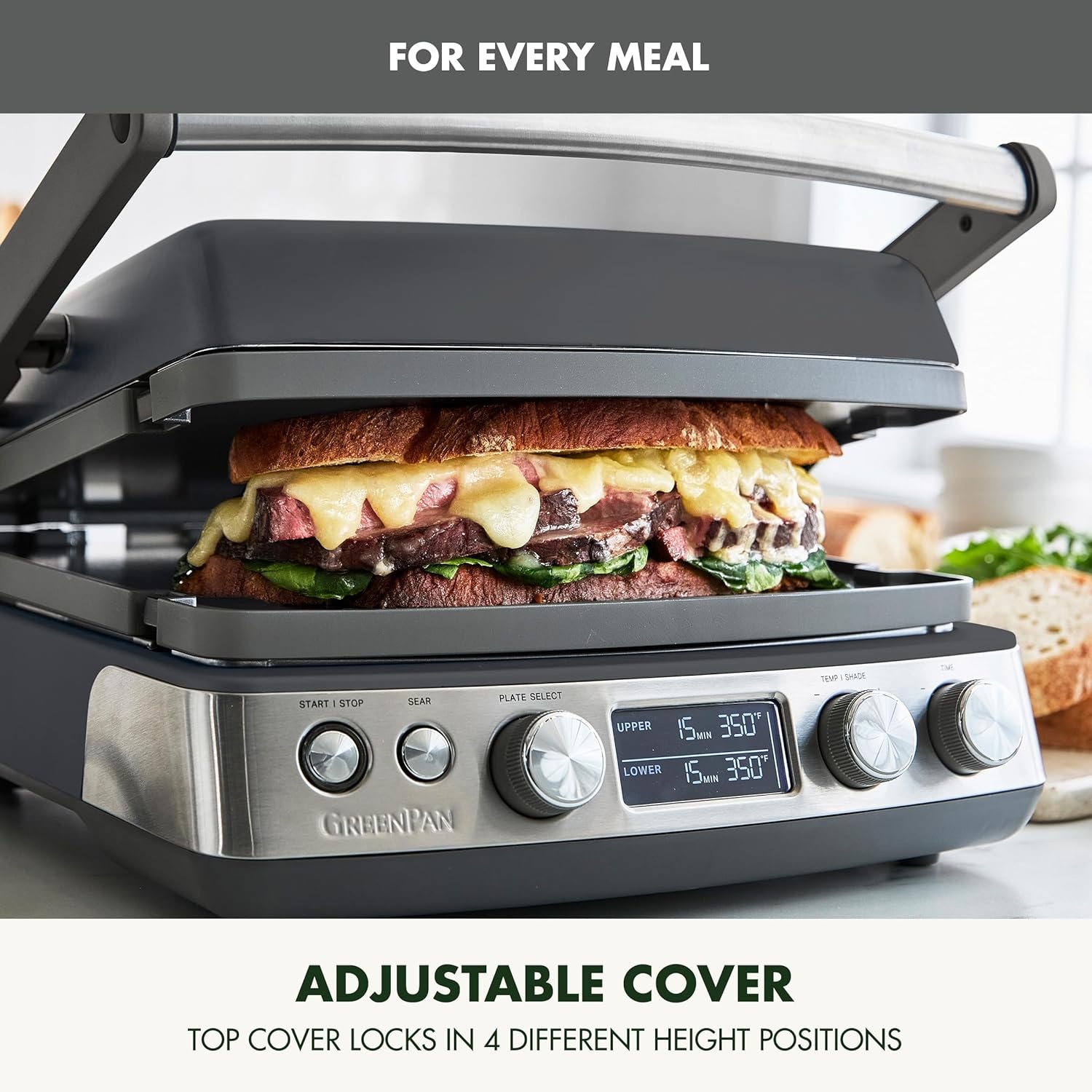 image:imageGreenPan Elite 7in1 MultiFunction Contact Grill amp Griddle Healthy Ceramic Nonstick Reversible Plates Adjustable Shade amp Shear Closed PressOpen Flat Surface PFASFree Cream WhiteGraphite