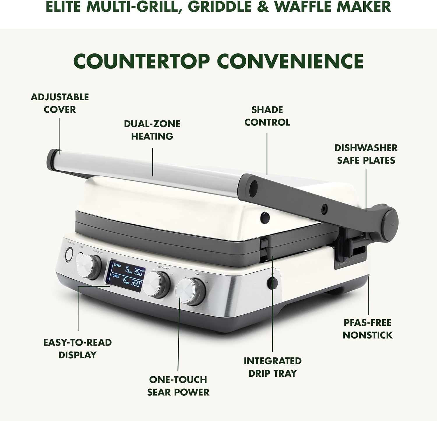 image:imageGreenPan Elite 7in1 MultiFunction Contact Grill amp Griddle Healthy Ceramic Nonstick Reversible Plates Adjustable Shade amp Shear Closed PressOpen Flat Surface PFASFree Cream WhiteCream White