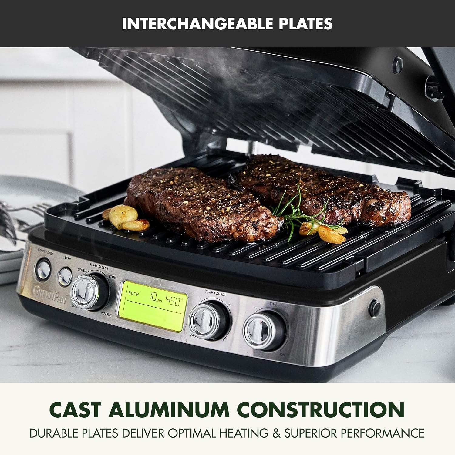 image:imageGreenPan Elite 7in1 MultiFunction Contact Grill amp Griddle Healthy Ceramic Nonstick Reversible Plates Adjustable Shade amp Shear Closed PressOpen Flat Surface PFASFree Cream WhiteBlack
