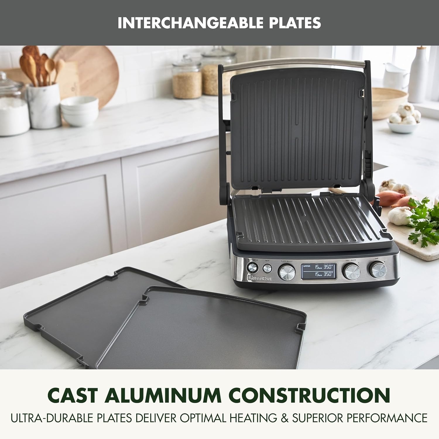 image:imageGreenPan Elite 7in1 MultiFunction Contact Grill amp Griddle Healthy Ceramic Nonstick Reversible Plates Adjustable Shade amp Shear Closed PressOpen Flat Surface PFASFree Cream WhiteGraphite