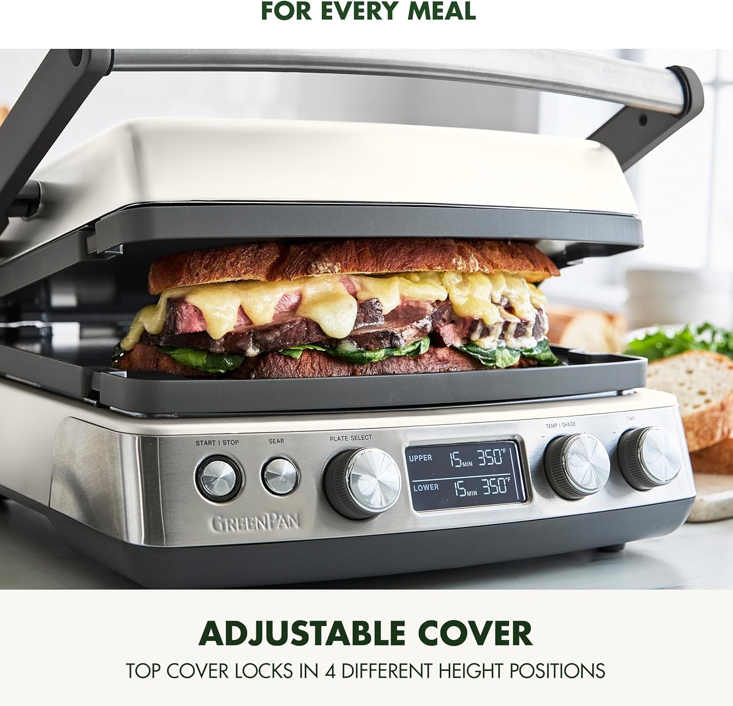 image:imageGreenPan Elite 7in1 MultiFunction Contact Grill amp Griddle Healthy Ceramic Nonstick Reversible Plates Adjustable Shade amp Shear Closed PressOpen Flat Surface PFASFree Cream WhiteCream White
