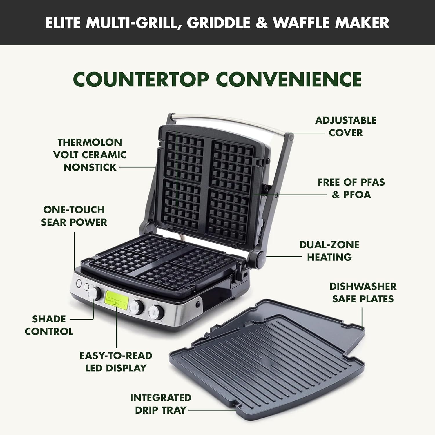 image:imageGreenPan Elite 7in1 MultiFunction Contact Grill amp Griddle Healthy Ceramic Nonstick Reversible Plates Adjustable Shade amp Shear Closed PressOpen Flat Surface PFASFree Cream WhiteBlack