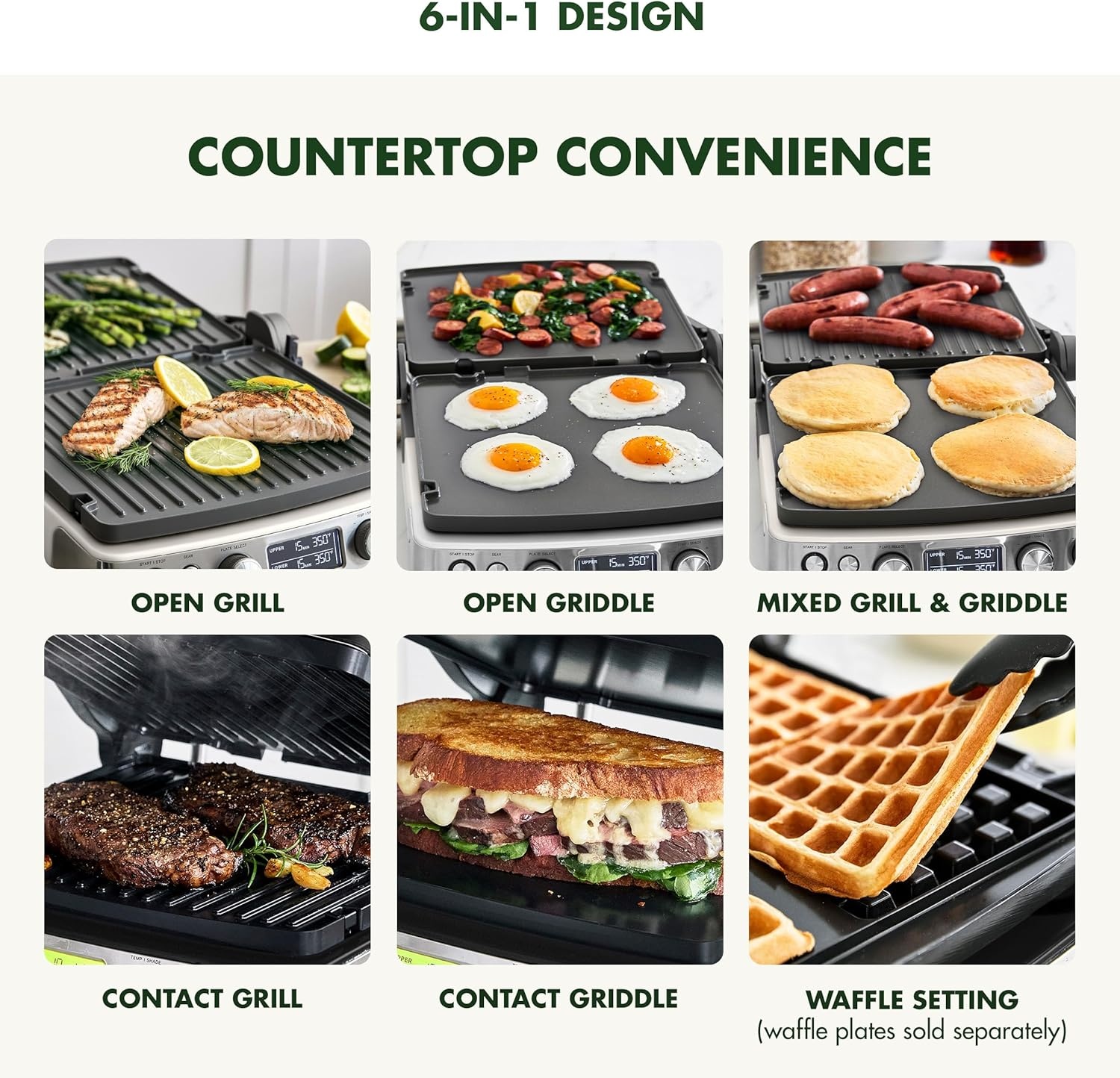 image:imageGreenPan Elite 7in1 MultiFunction Contact Grill amp Griddle Healthy Ceramic Nonstick Reversible Plates Adjustable Shade amp Shear Closed PressOpen Flat Surface PFASFree Cream WhiteCream White